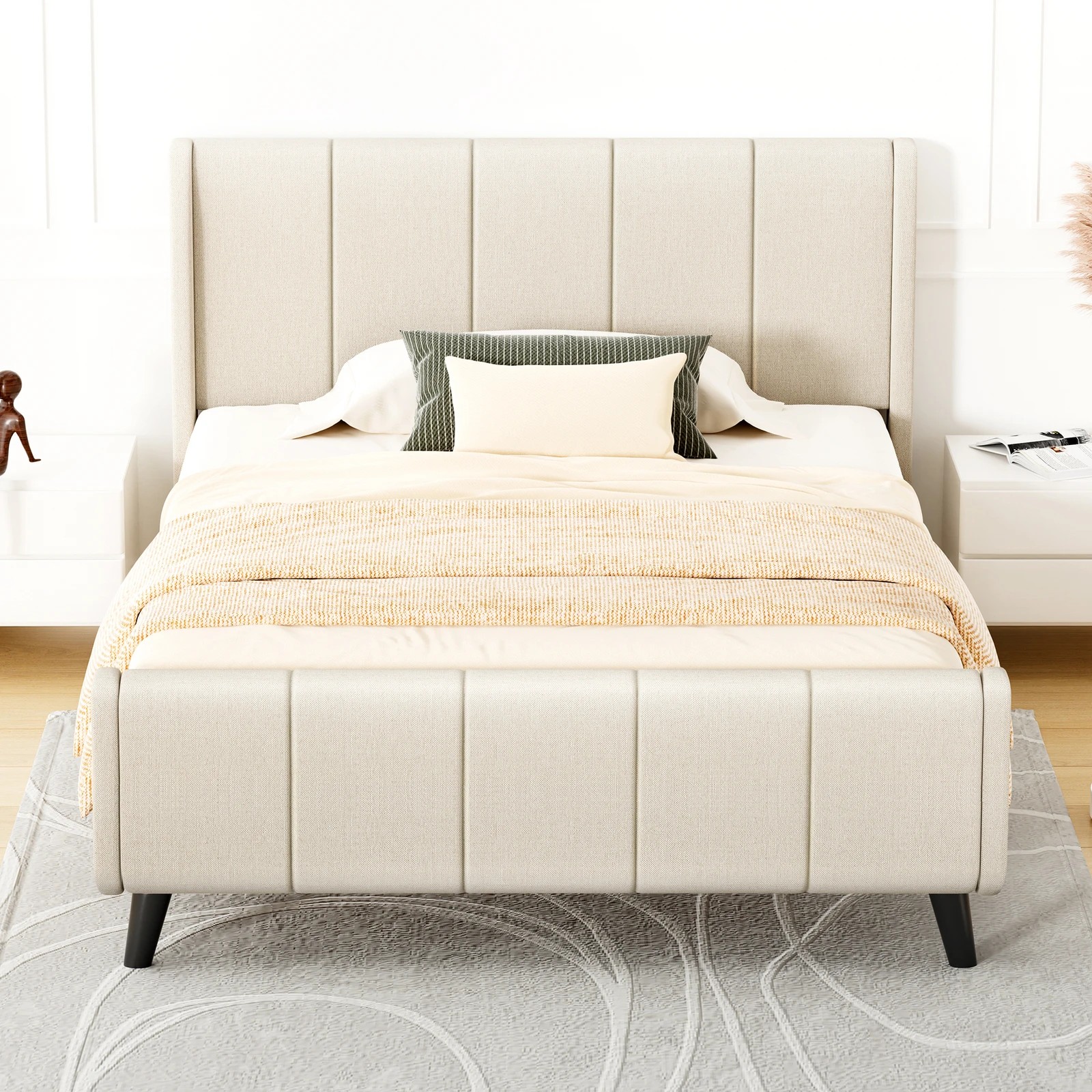 3 Alfordson Bed Frame Single Size Tufted Headboard Base Beige Fabric Hundolf - Beige, 3 of 10