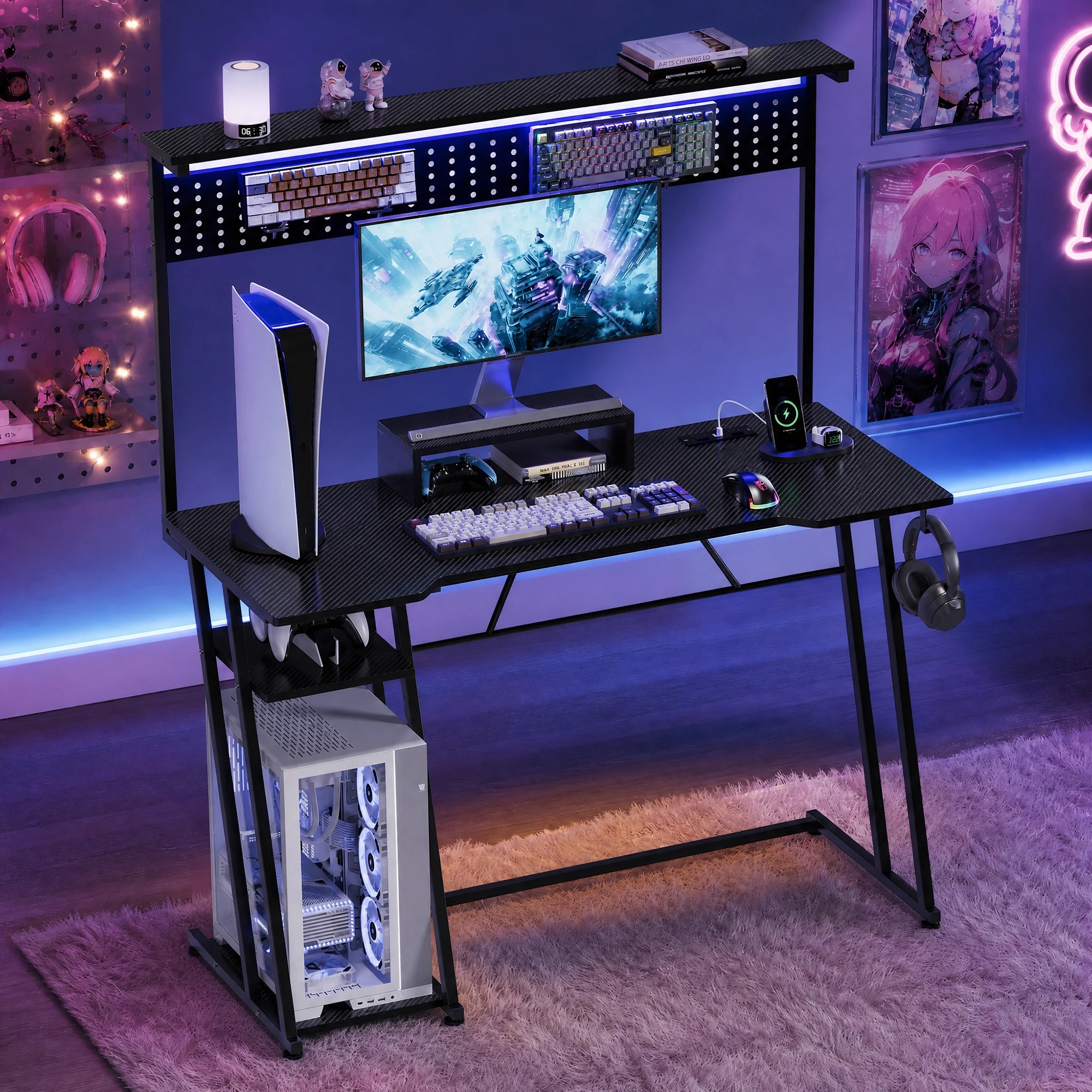 2 Advwin 120cm LED Gaming Desk w/  Power Outlets Reversible Carbon Fiber w/ Shelf hook & Pegboard - Black, 2 of 8