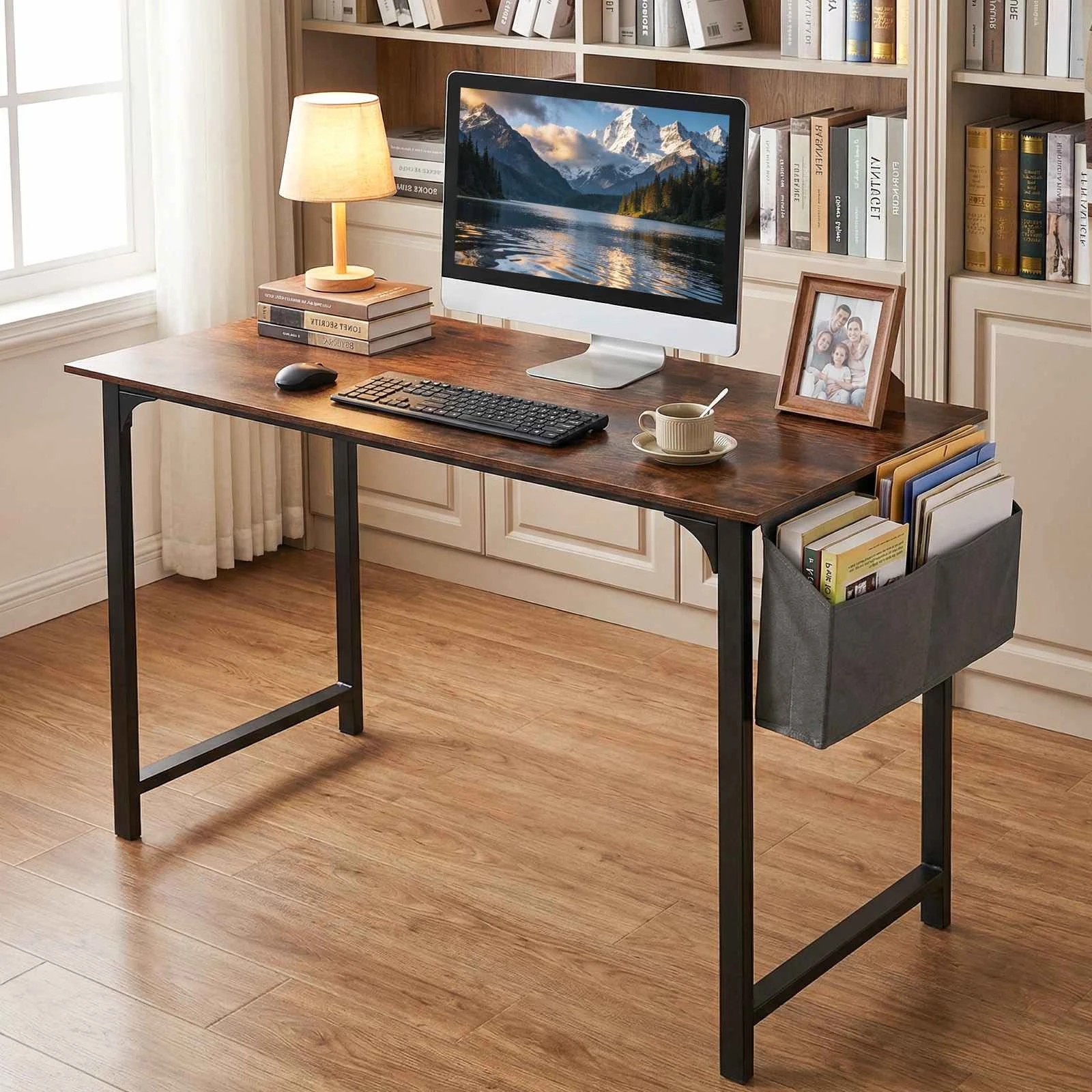 2 Costway Computer Desk Study Writing Table w/Storage Bag & Hanging Hook - Brown, 2 of 3
