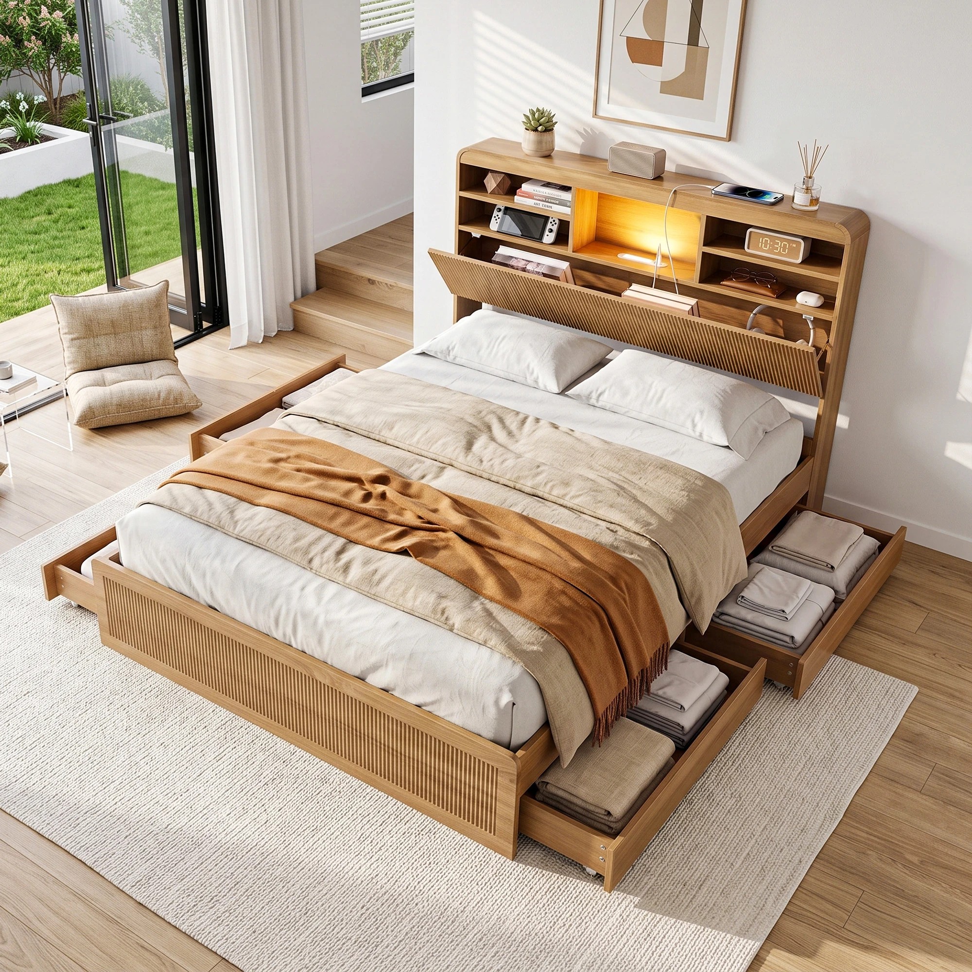 8 Artiss Bed Frame with Storage, 4 Drawers, USB and Night Light - Double Bed - Natural, 8 of 8
