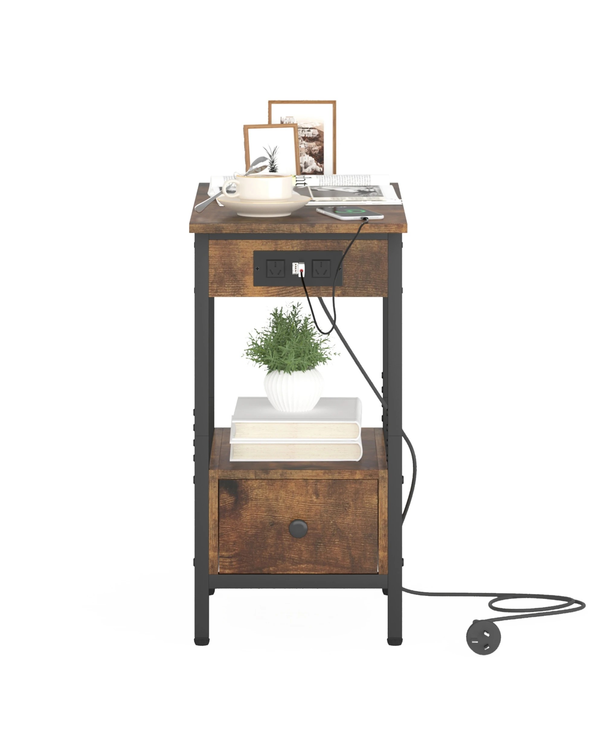 4 Ufurniture 2PCS Side Table with Charging Station - Brown, 4 of 7