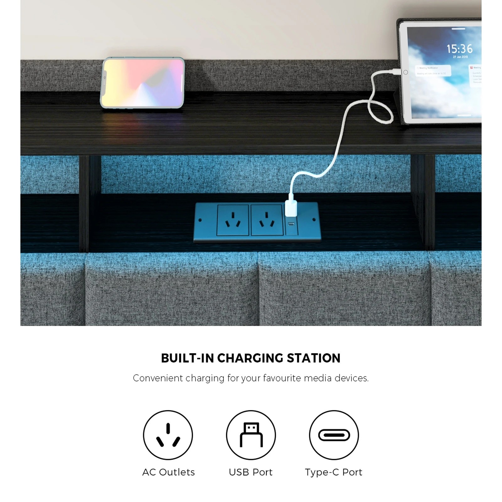 7 Oikiture Queen Bed Frame With LED Storage Headboard 2 Drawers & Charging Station - Grey, 7 of 7