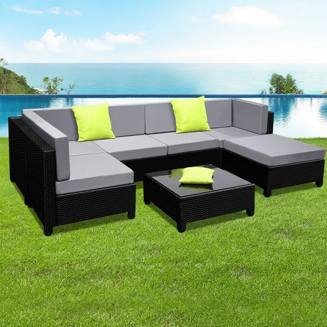 6 Gardeon 7-Piece Outdoor Sofa Set Wicker Couch Lounge Setting Seat Cover - Black, 6 of 7