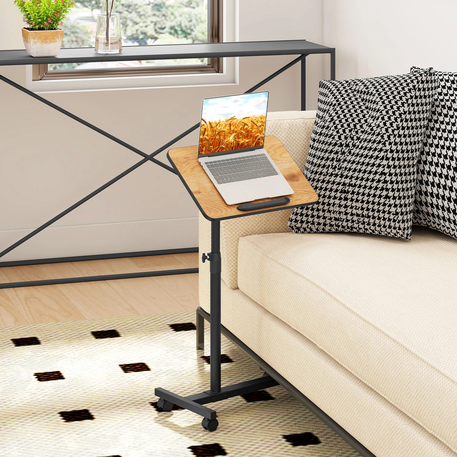 3 Costway Overbed Table w/Wheels C-Shaped End Table Adjustable Laptop Table - Brown, 3 of 5