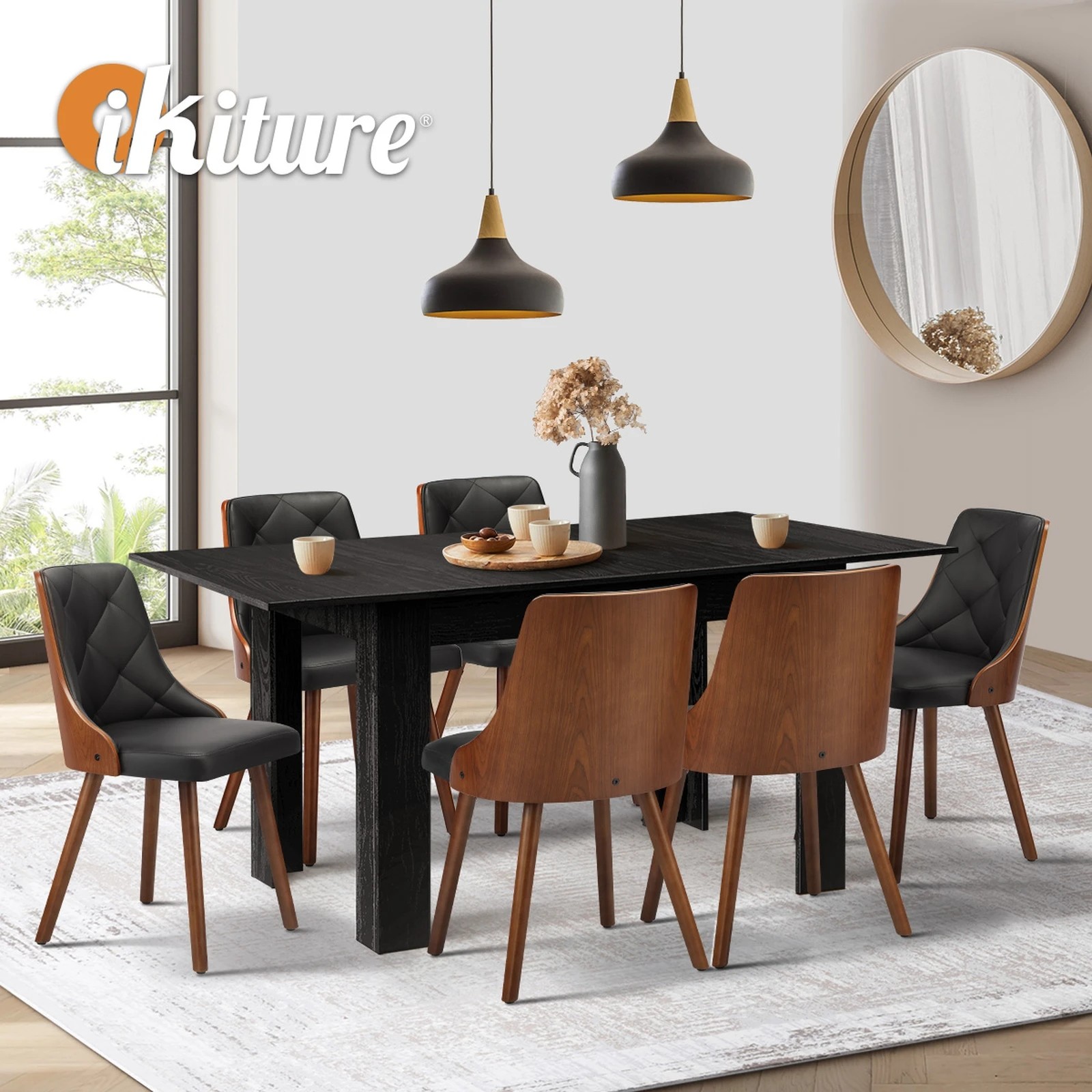 6 Oikiture 160cm Extendable Dining Table With 6pcs Dining Chairs Pu Leather
 - Black, 6 of 10