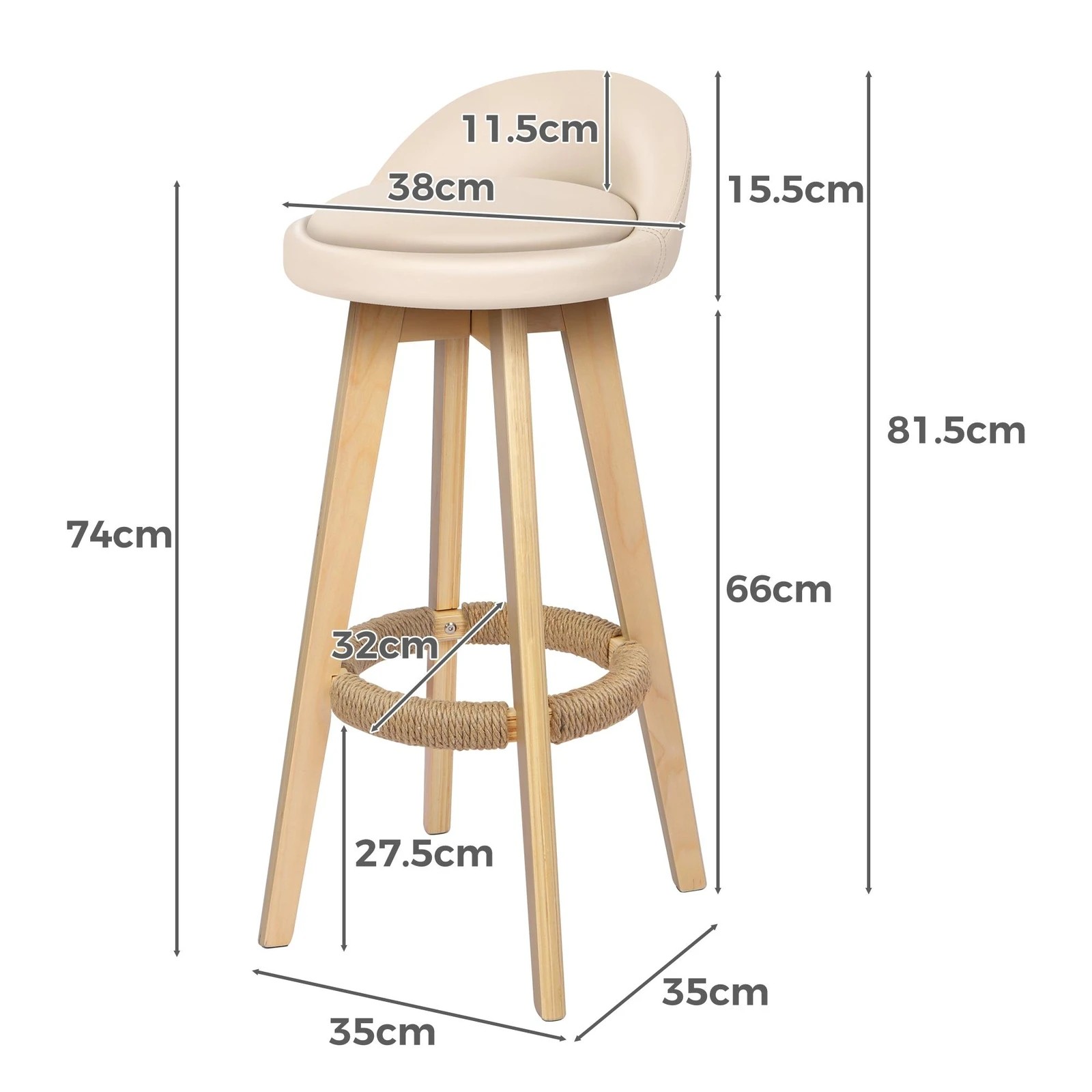 7 Alfordson 2x Kitchen Bar Stools Liam Wooden Swivel Bar Stool Chairs - Beige, 7 of 9