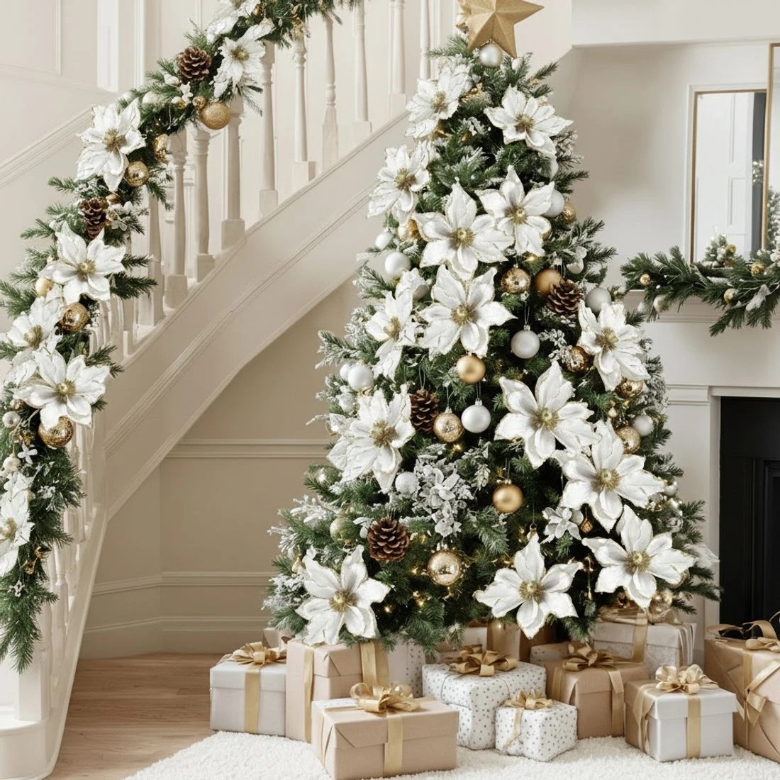 3 Jingle Jollys 14Pcs Christmas Tree Flower Set Garland Wreath Poinsettia - White, 3 of 5