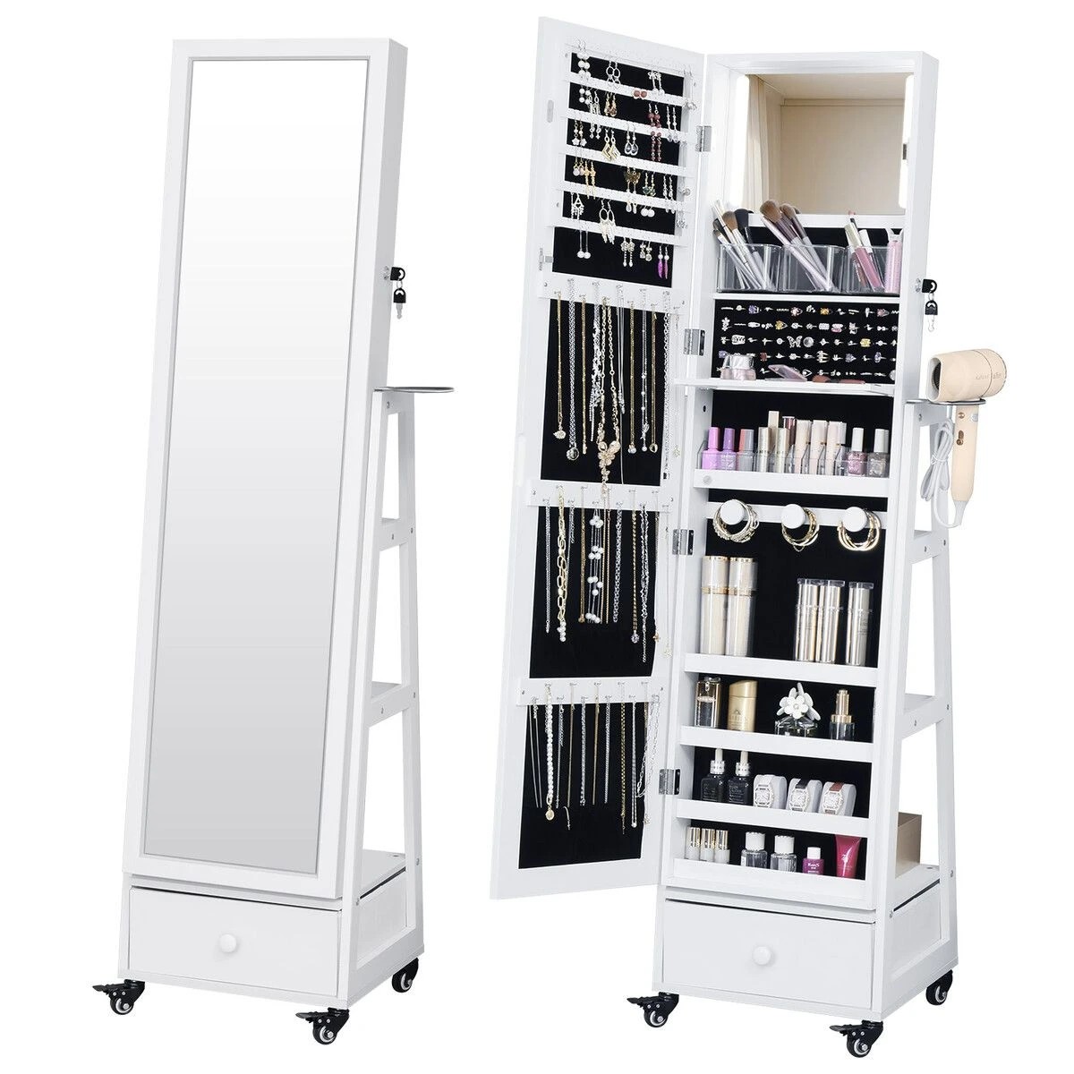 5 Ausway Full Length Floor Mirror Jewellery Cabinet Armoire Organiser Storage Shelf Free Standing Box Vanity - White, 5 of 6