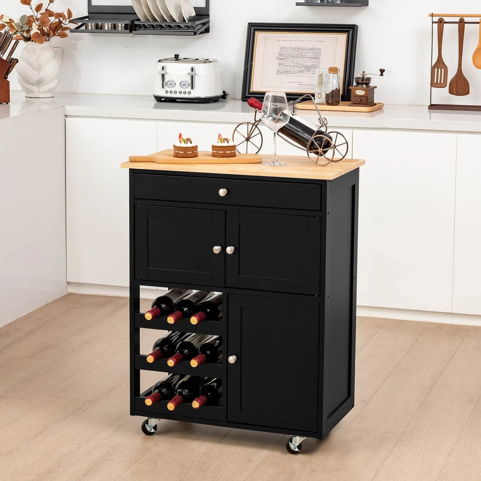 3 Costway 3 Doors Wooden Kitchen Trolley Rolling Workbench Cart - Black, 3 of 3