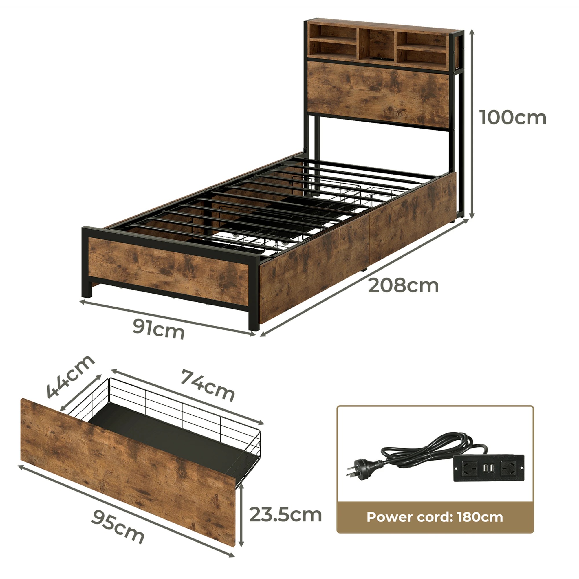 3 Levede Single  Bed Frame Industrial with LED and Charging Station, 3 of 9
