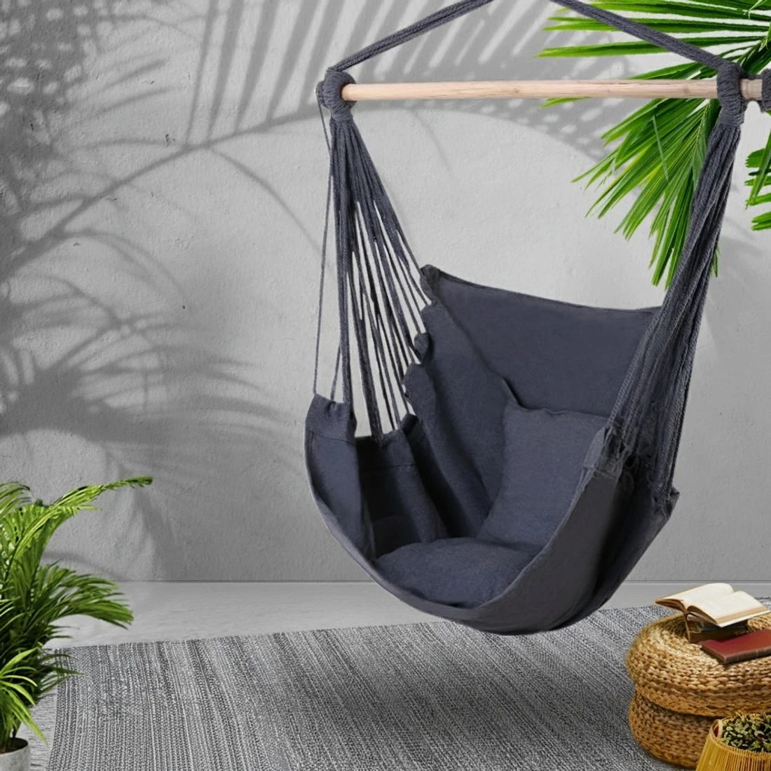 6 Gardeon Hammock Chair Outdoor Camping Hanging Hammocks Cushion Pillow - Grey, 6 of 7