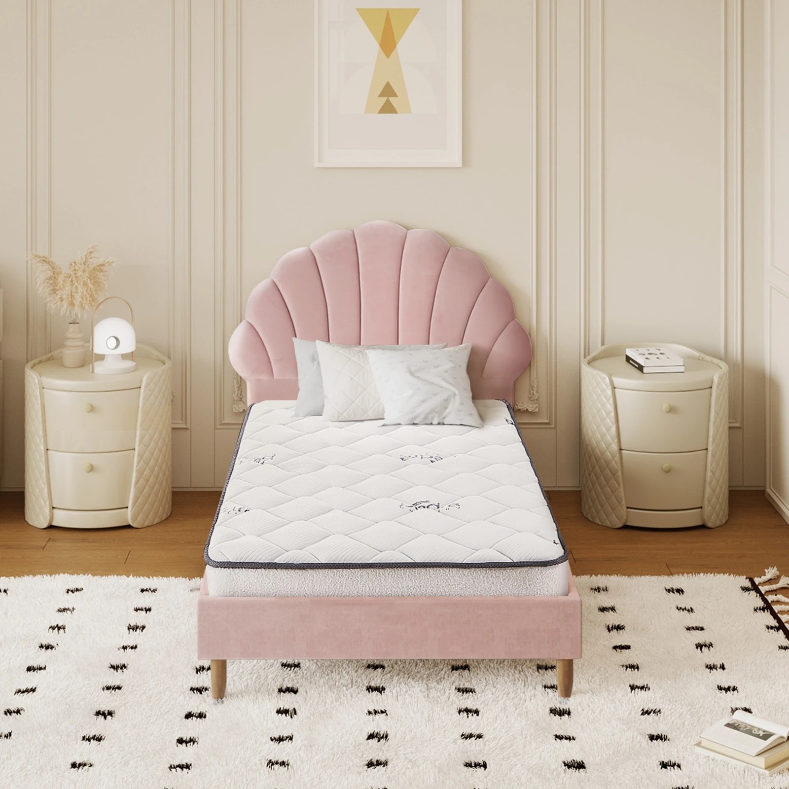 4 Oikiture Bed Frame Single Size Scallop-Shape Bedhead Velvet with Mattress - Pink, 4 of 7