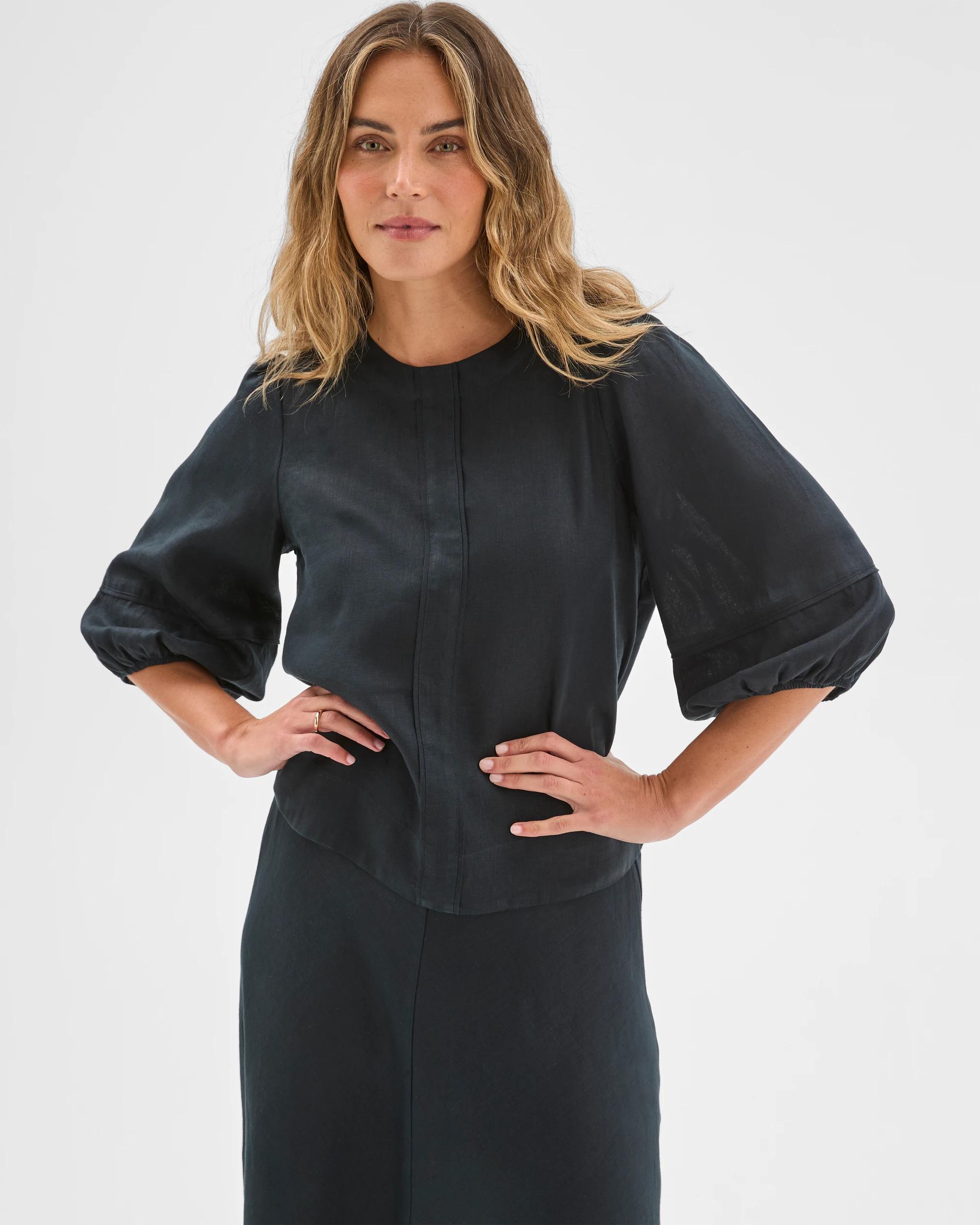 3 Target Woman European Linen Femme Popover Blouse BLACK, 3 of 6