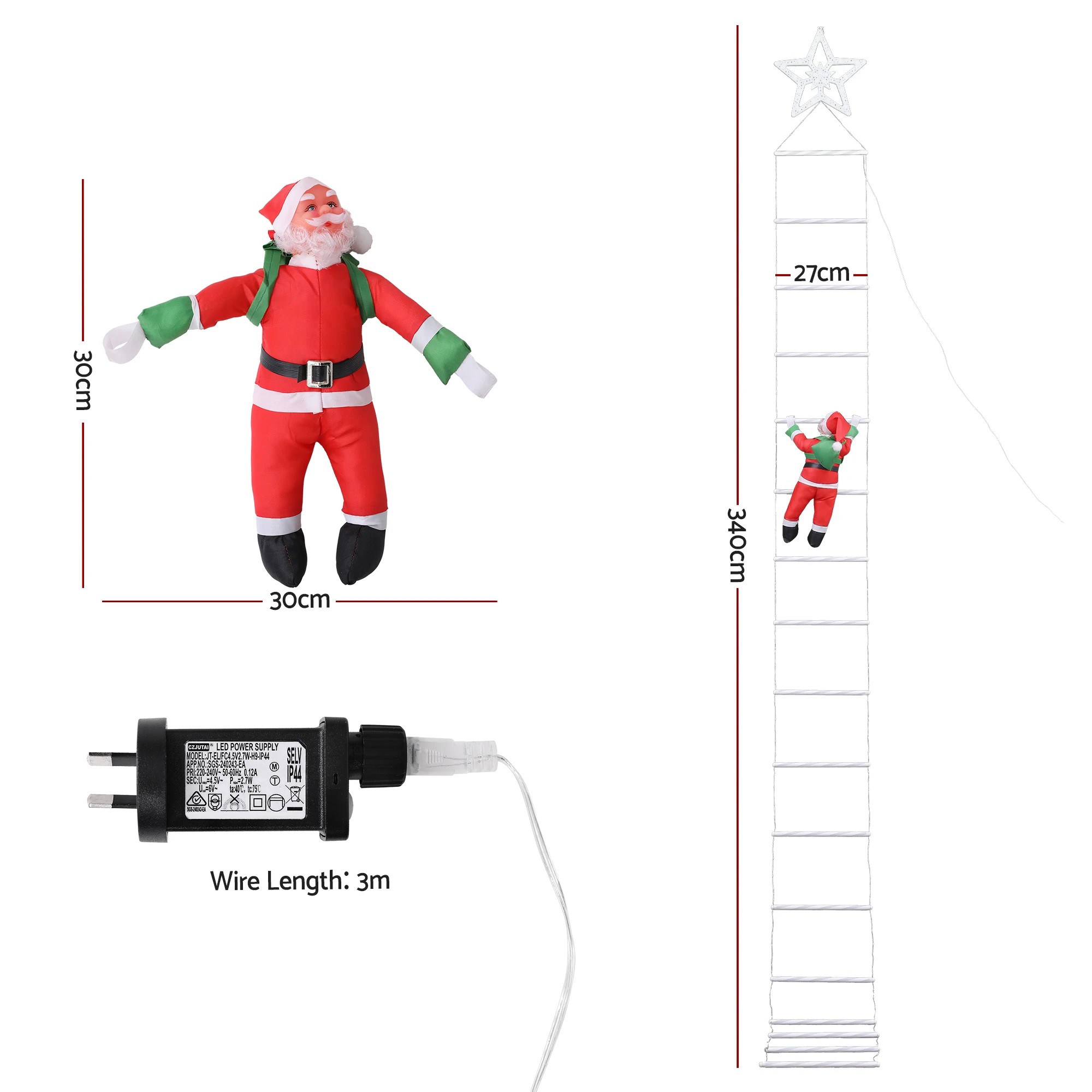 3 Jingle Jollys Christmas Ladder Lights Santa 3.4m 328LED Hanging Decor Warm - Gold, 3 of 8