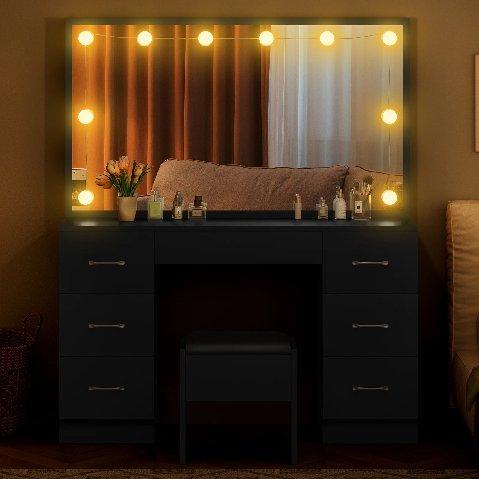 8 Alfordson Dressing Table Stool Set Makeup Mirror Desk LED 10 Bulbs - Black, 8 of 10