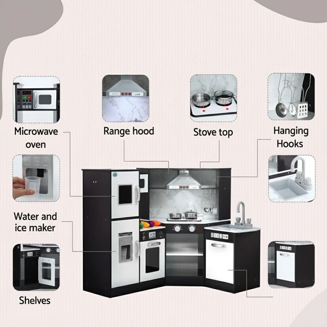 3 Keezi Kids Kitchen Play Set Wooden Pretend Cooking Playset w/Sounds Lights - Multi, 3 of 5