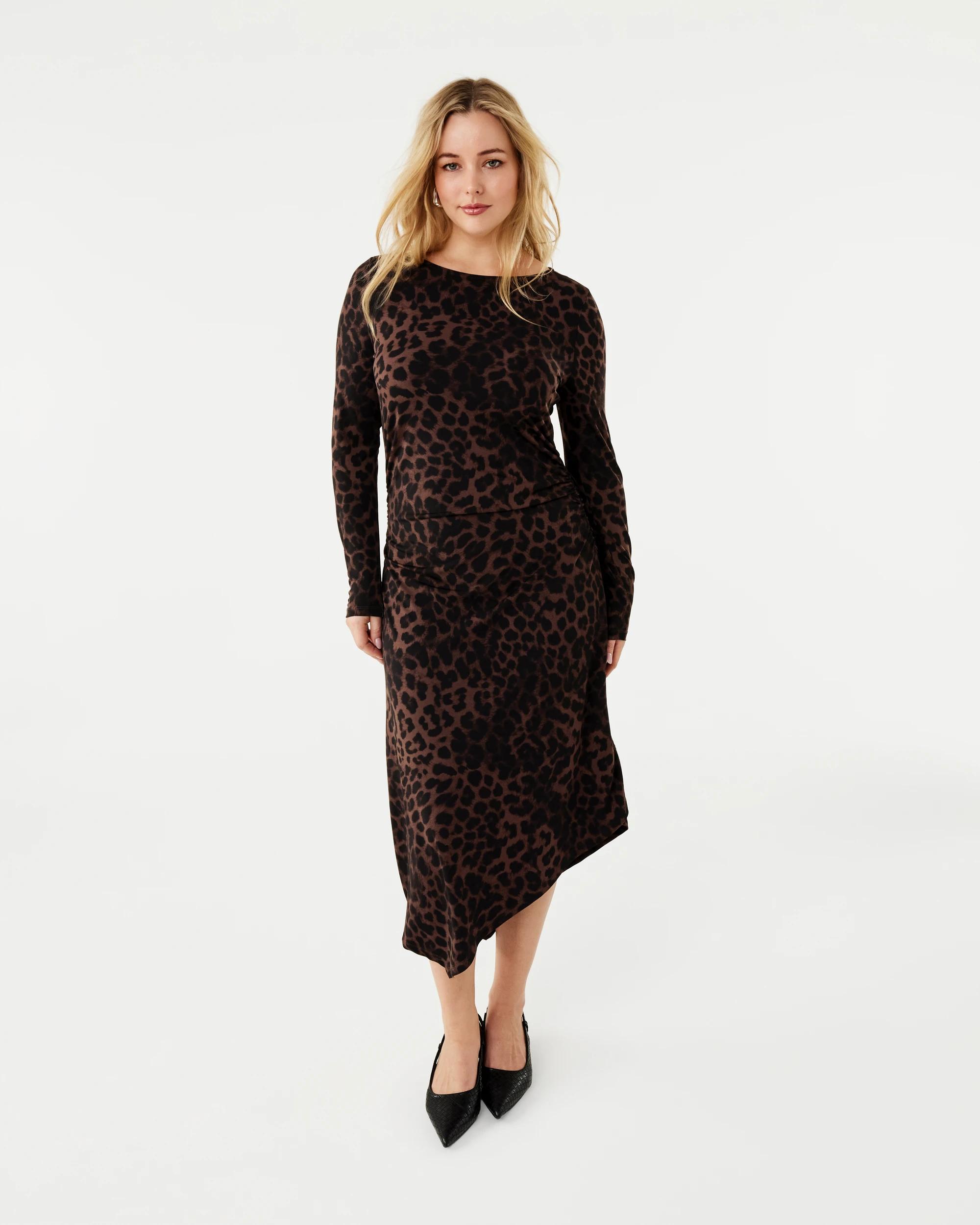 1 Long Sleeve Luxe Asymmetrical Hem Midi Dress Brwn Leop, 1 of 7