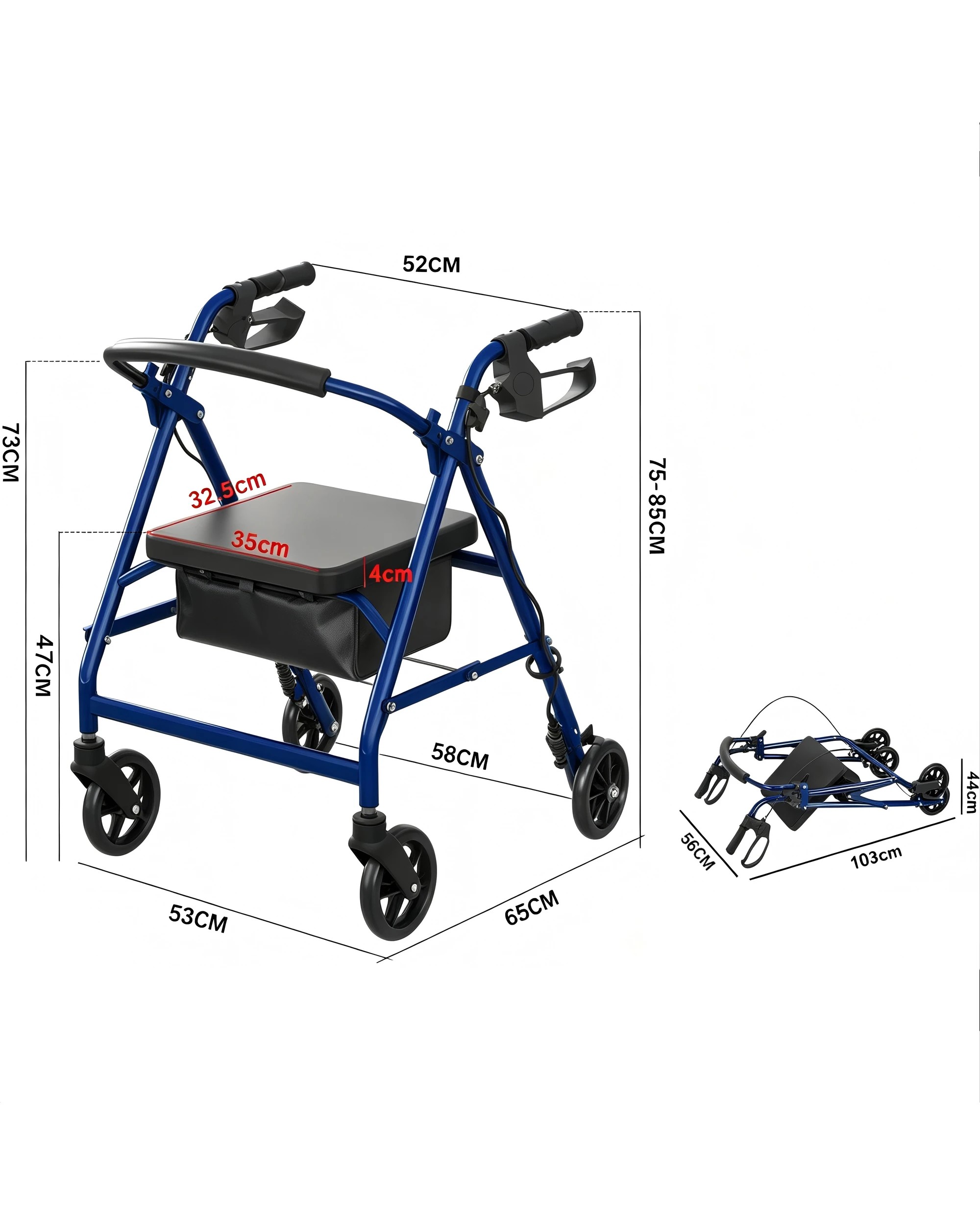 4 Advwin Lightweight Rollator Walker 4-Wheel Folding -Blue, 4 of 7