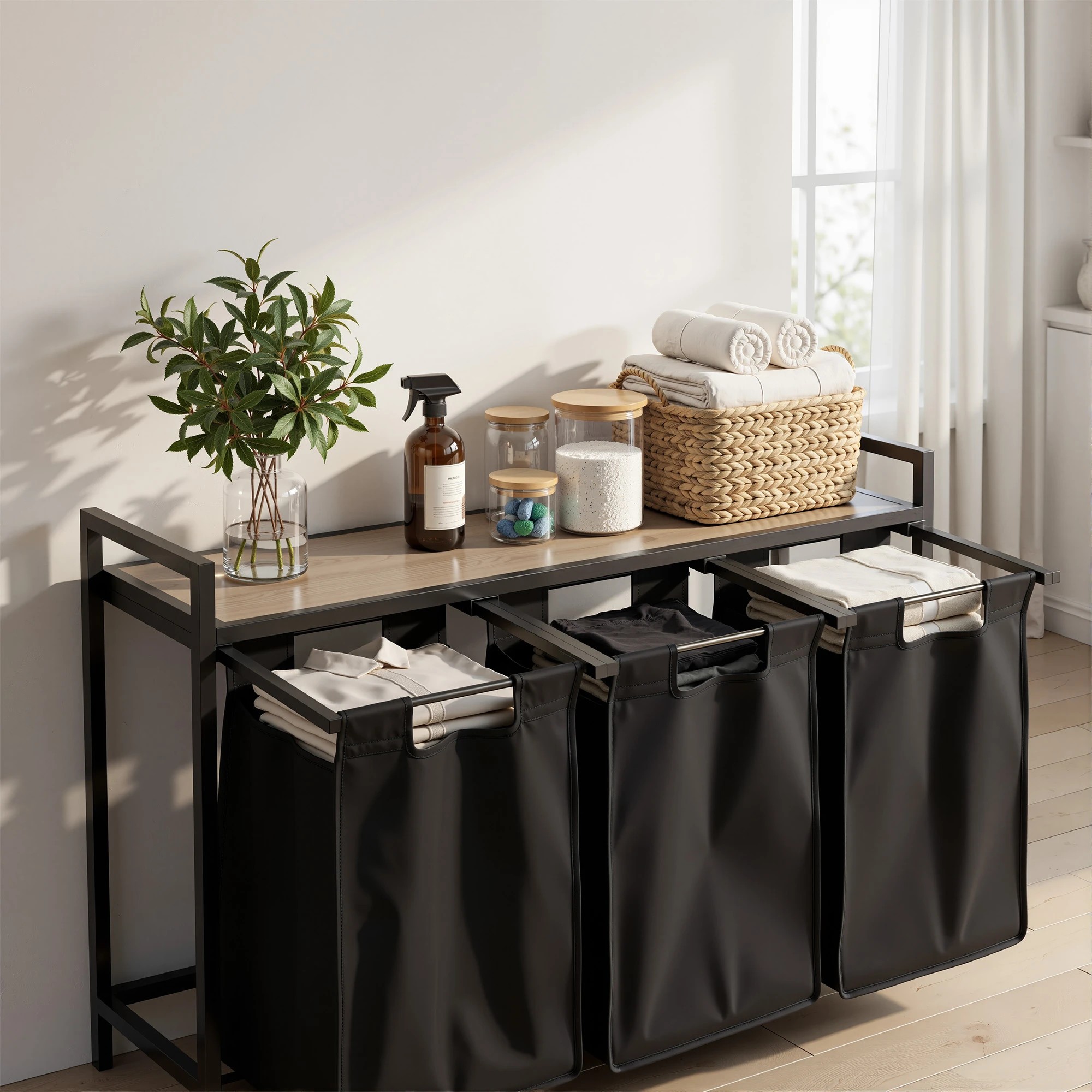 5 Artiss Laundry Basket with 3x45L Pull-out Removable Bags Metal Frame - Black, 5 of 9