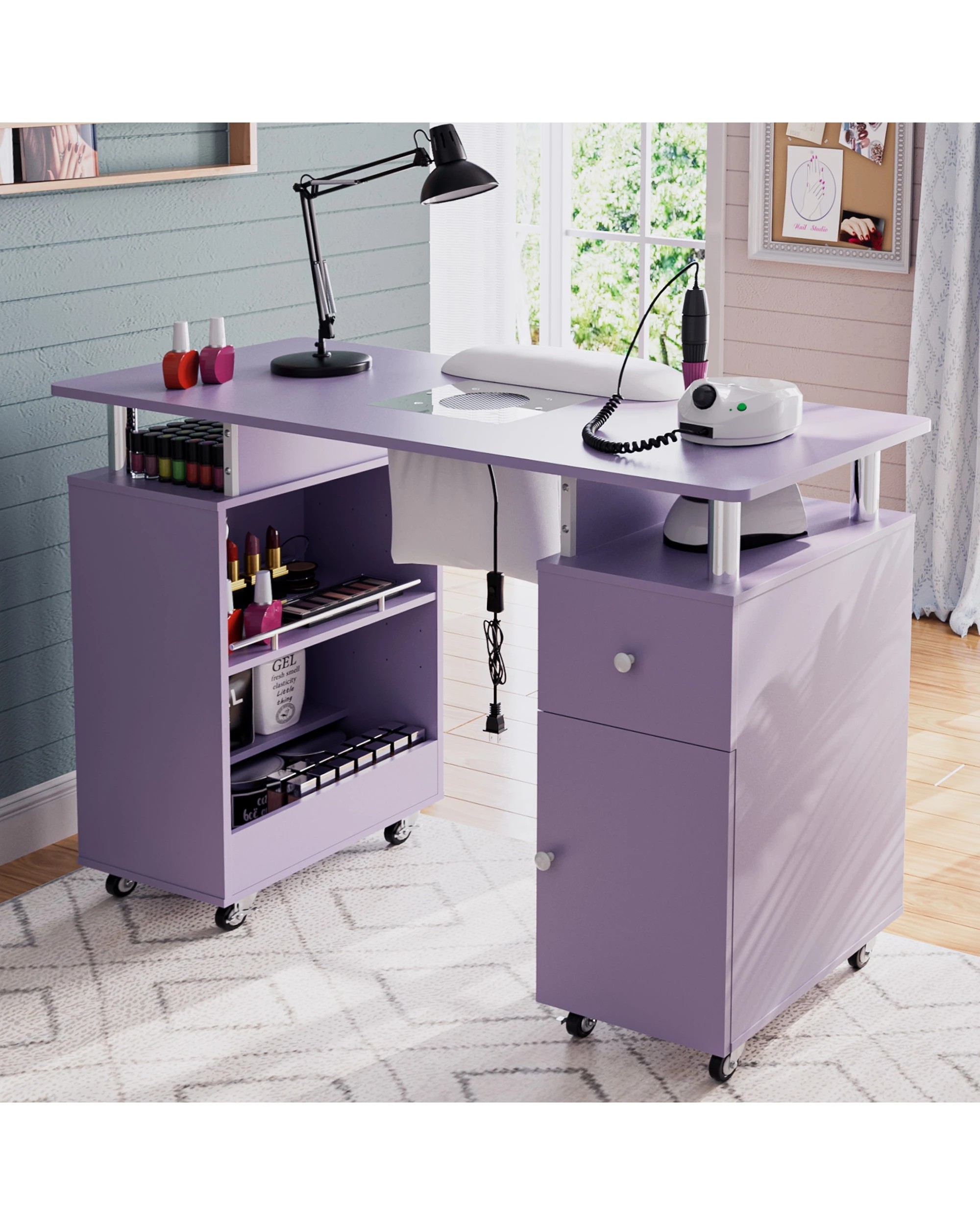 2 Advwin Manicure Table Vanity Desk for Nail Tech with Dust Collector Wrist Rest Lockable Wheels - Purple, 2 of 10