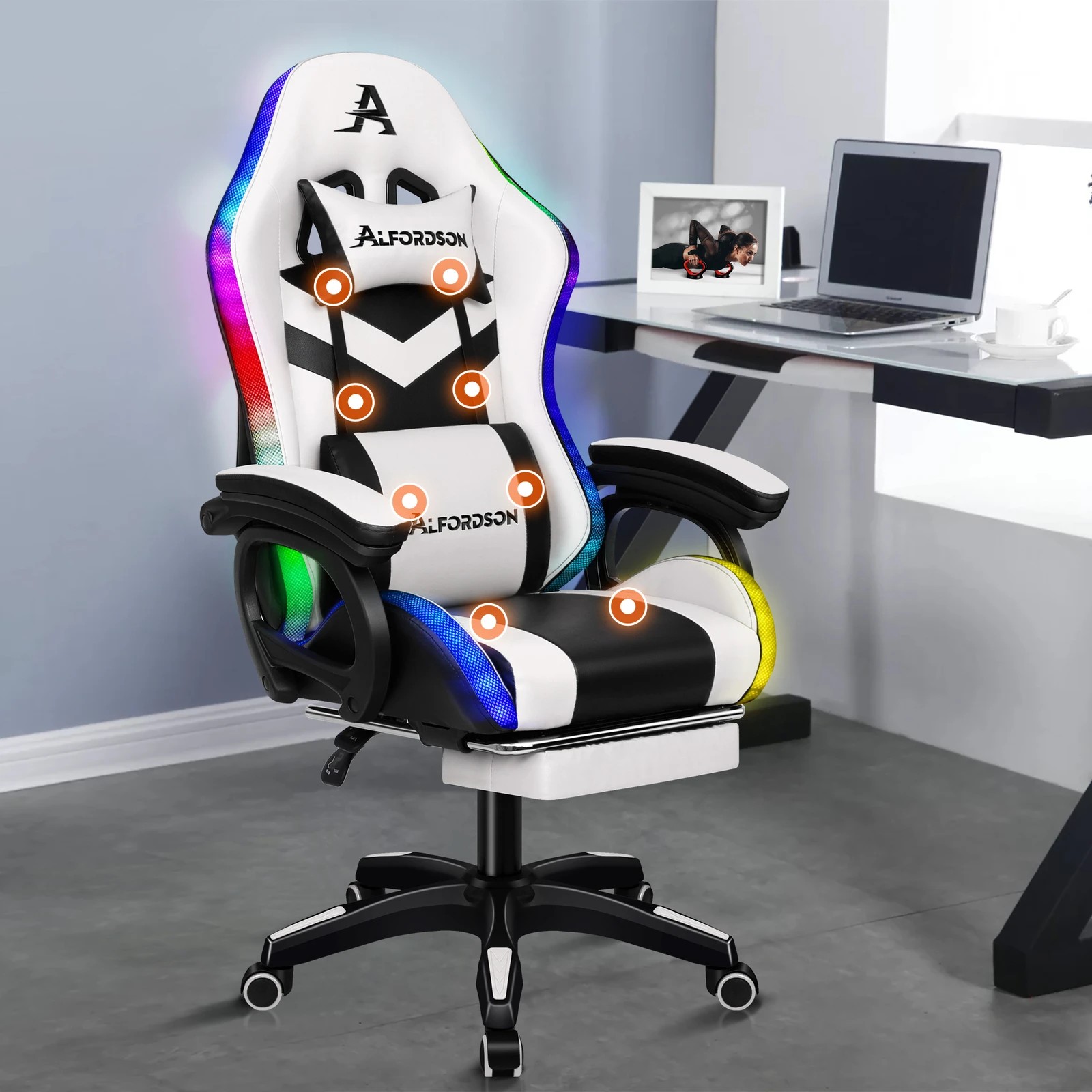 2 Alfordson Gaming Office Chair 12 RGB LED Massage Computer Seat Footrest - White, 2 of 10
