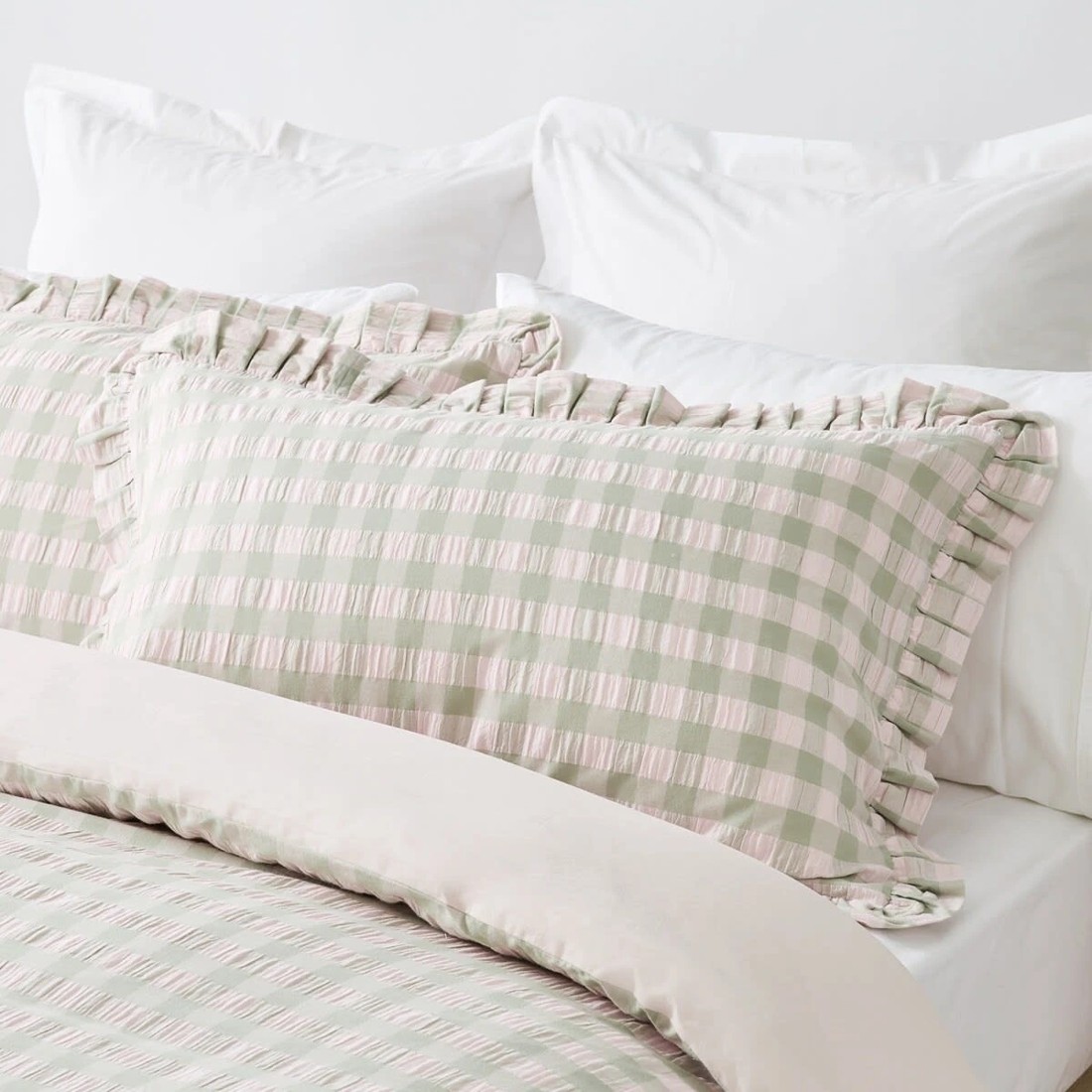 2 Gingham Ruffle Cotton Quilt Cover Set - Double Bed, Sage and Pink, 2 of 6