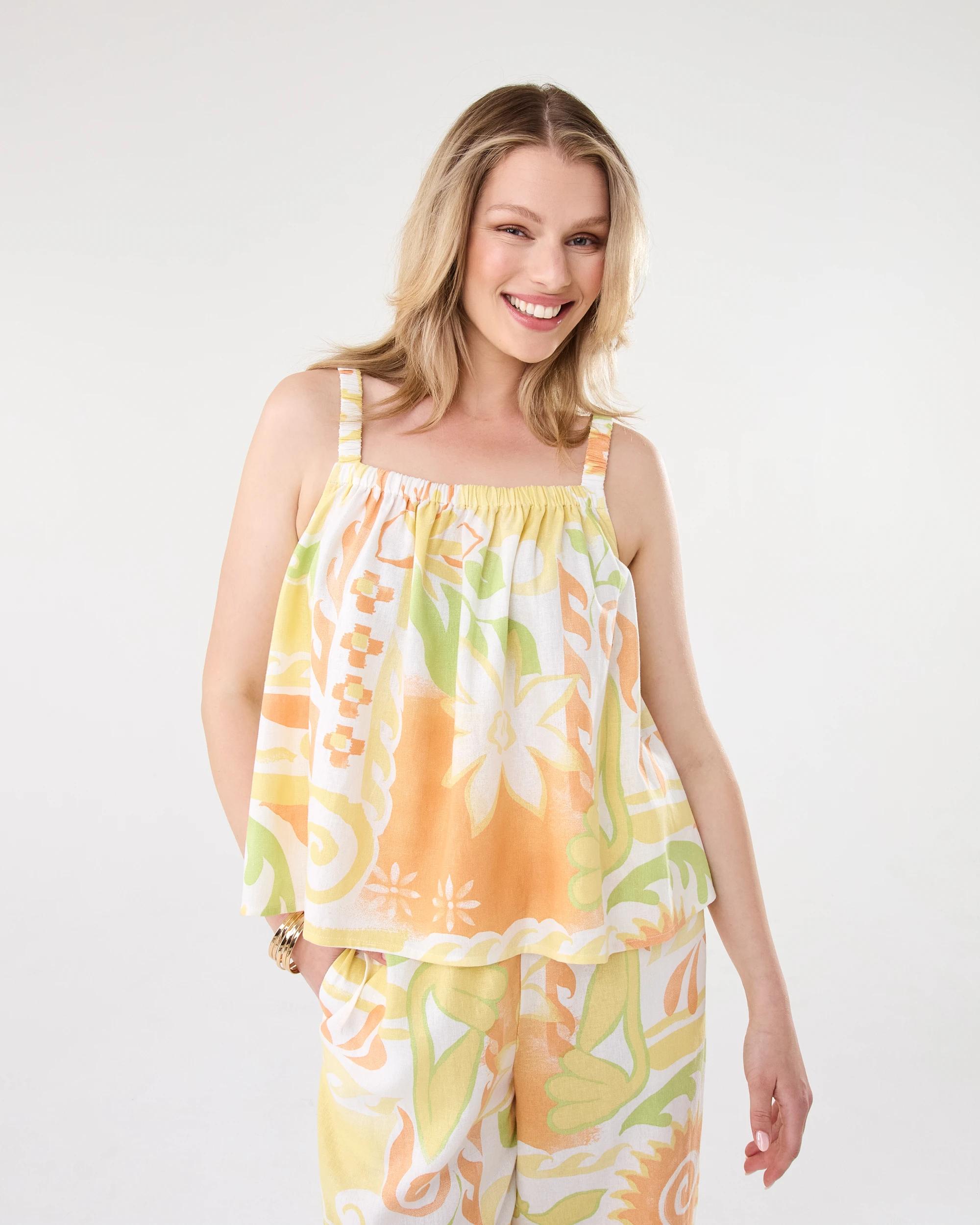 1 Sleeveless Square Neck Linen Blend Top Smmer Tile, 1 of 9