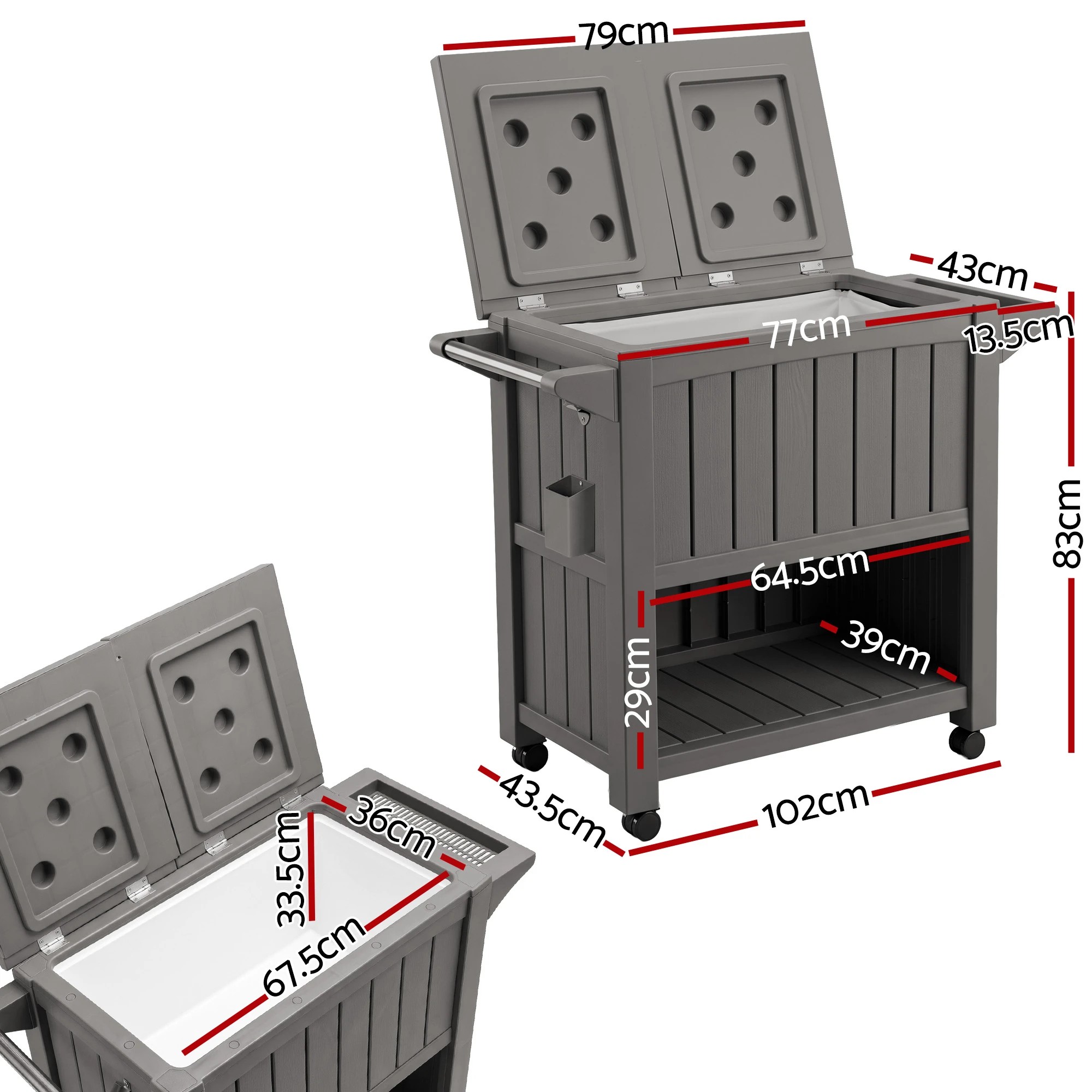 3 Gardeon Outdoor Storage Cabinet Box 80L Ice Bucket Cooler Rolling Serving Cart Kitchen Trolley - Brown, 3 of 7