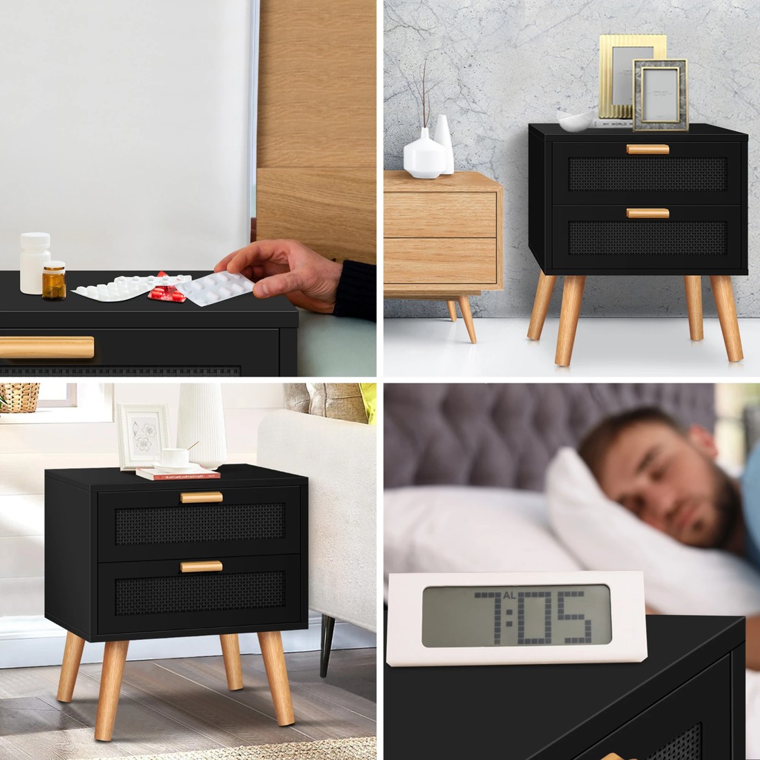 4 Alfordson Bedside Table Nightstand Side Storage Cabinet Boho Rattan - Black, 4 of 10