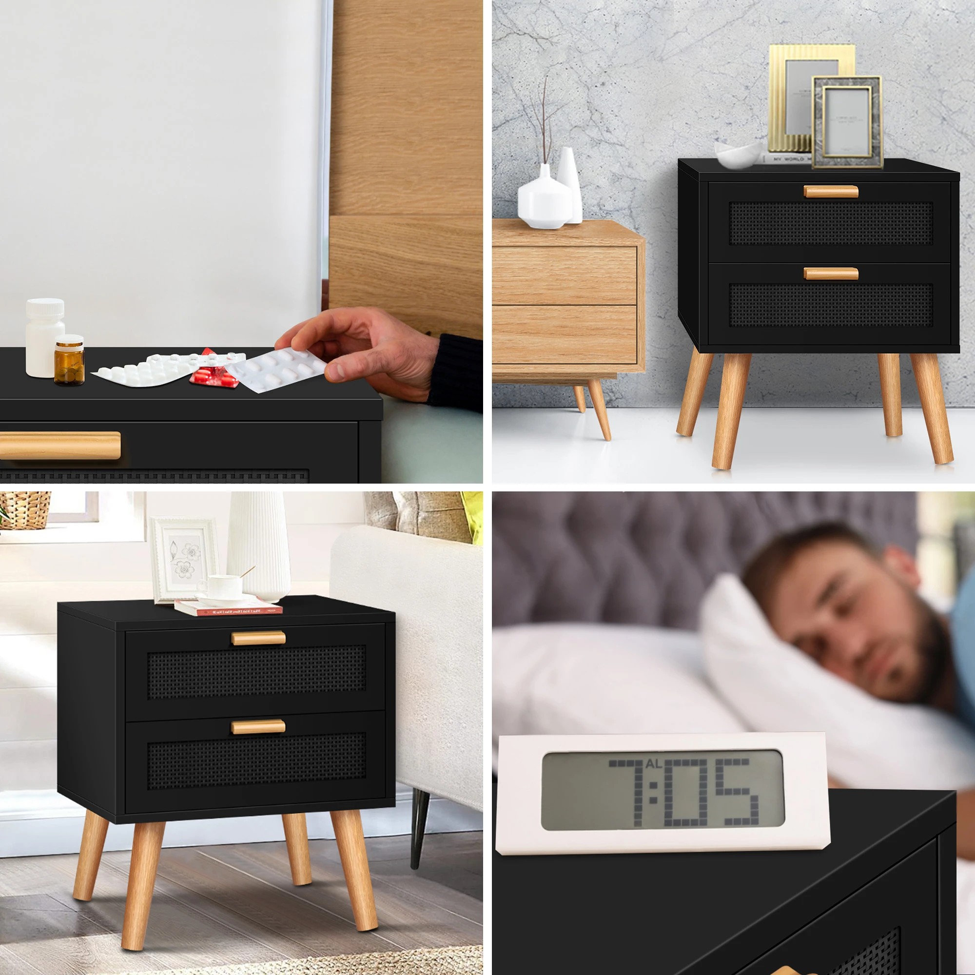 4 Alfordson Bedside Table Nightstand Side Storage Cabinet Boho Rattan - Black, 4 of 10