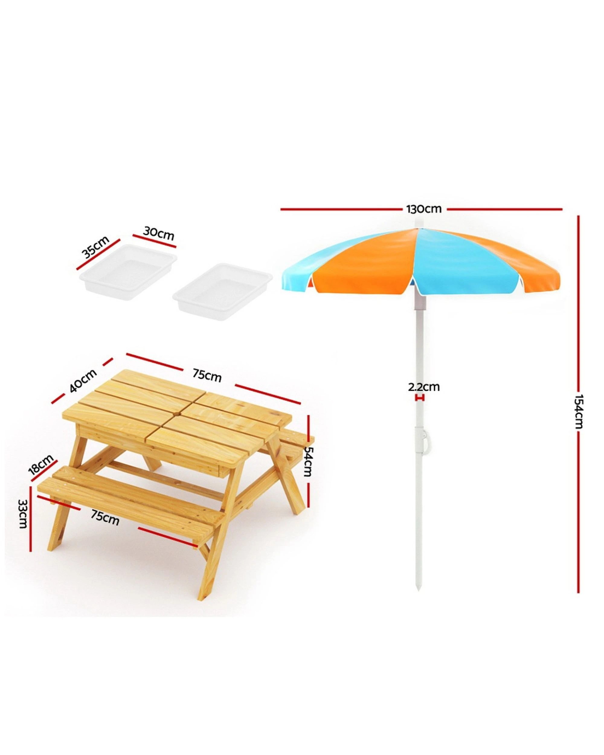 2 Keezi Kids Outdoor Table And Chairs Picnic Bench Umbrella Set Water Sand Pit Box
 - Brown, 2 of 3
