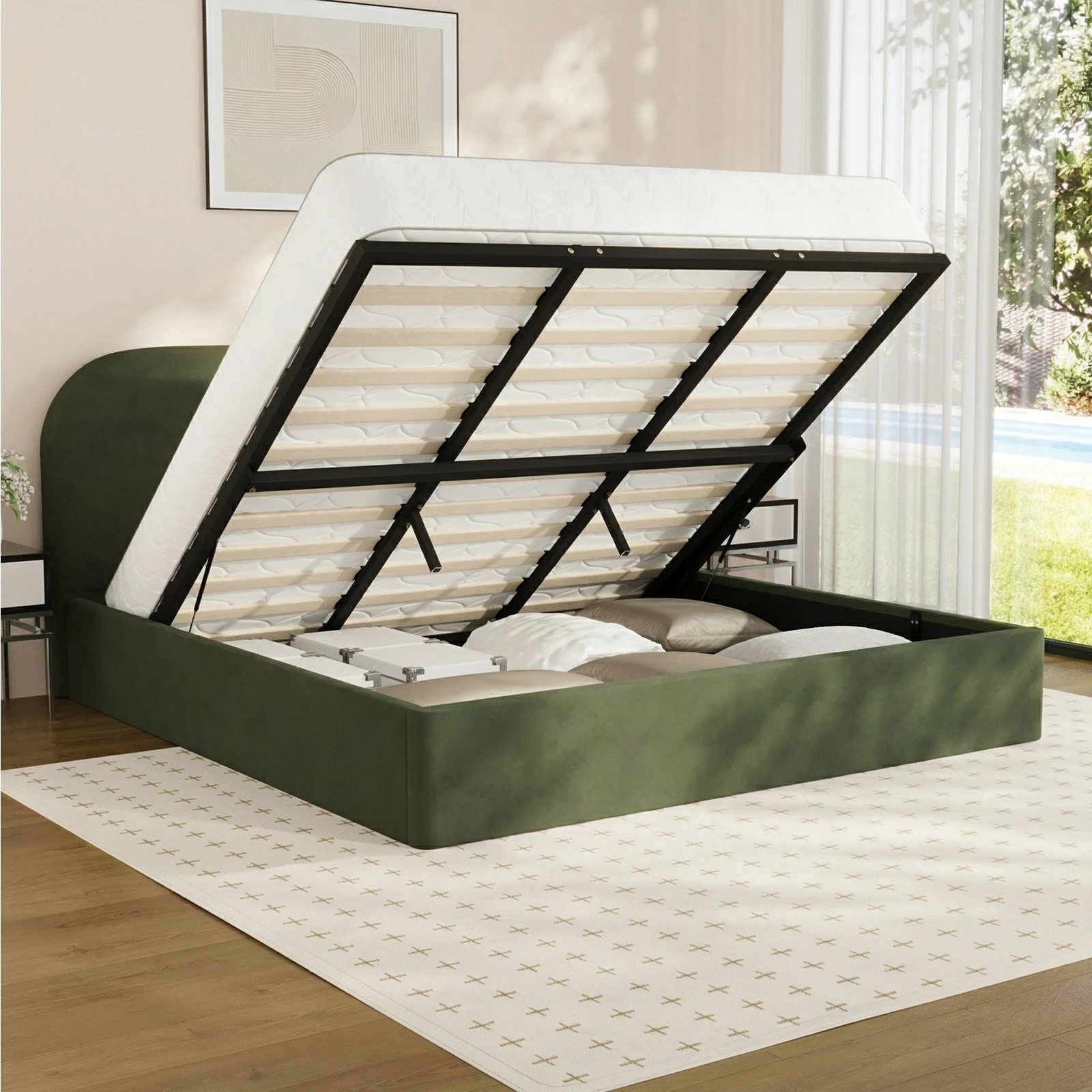4 Oikiture King Bed Frame with Gas Lift Storage Mattress Base Velvet - Green, 4 of 9