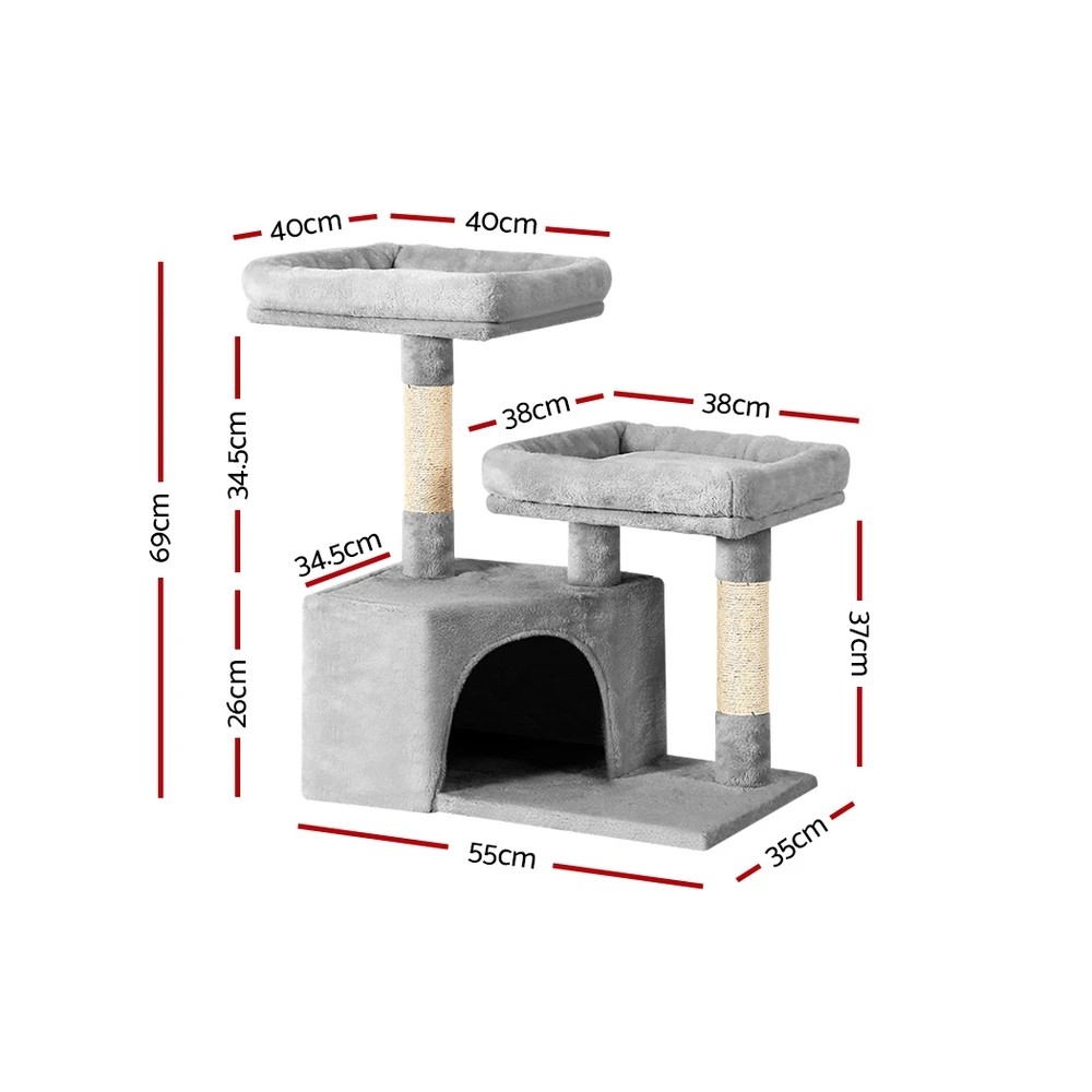 2 i.Pet Cat Tree 69cm Scratching Post Tower Scratcher Wood Condo House Bed - Grey, 2 of 5