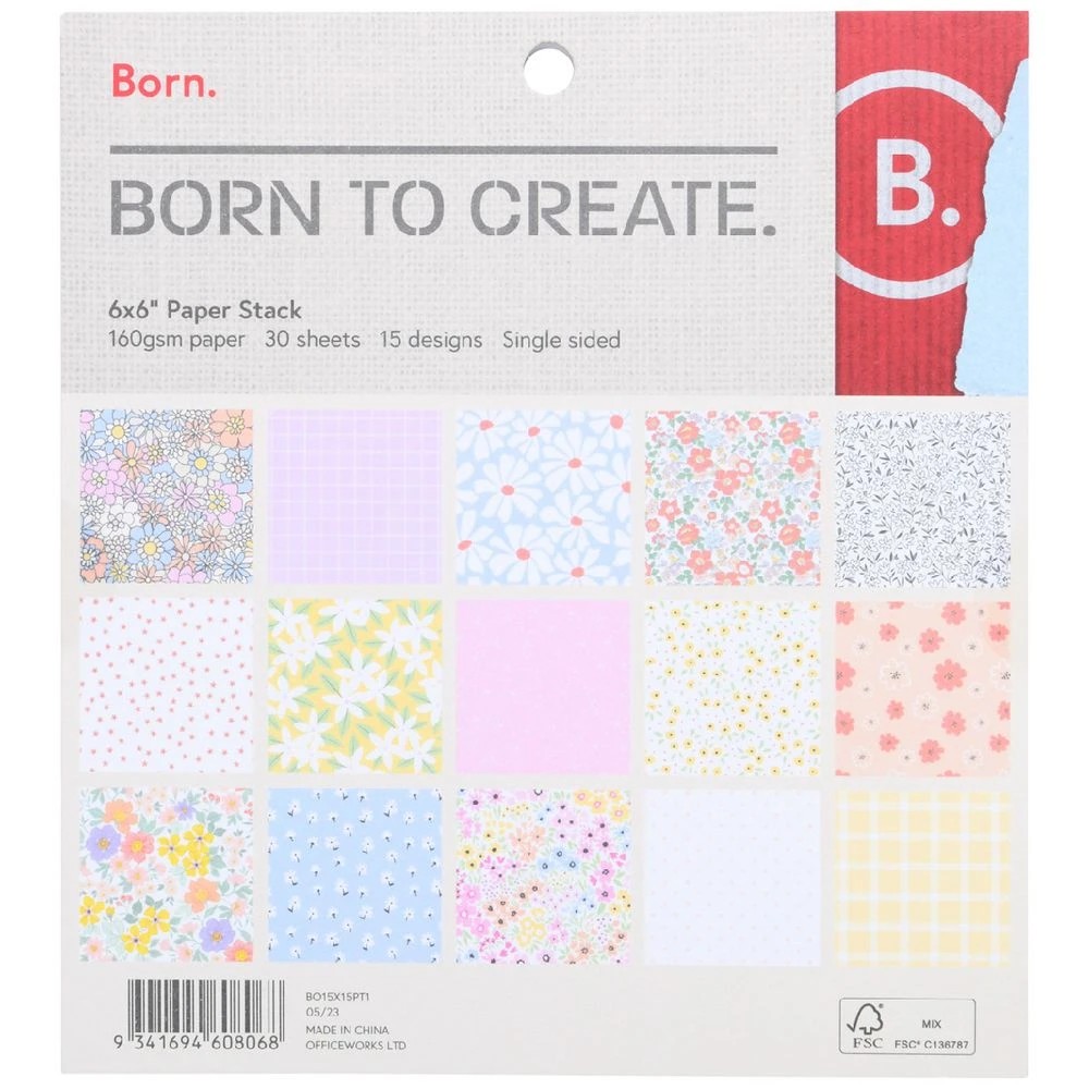 1 Born Paper Stack 15 x 15cm Floral 30 Sheets, 1 of 2
