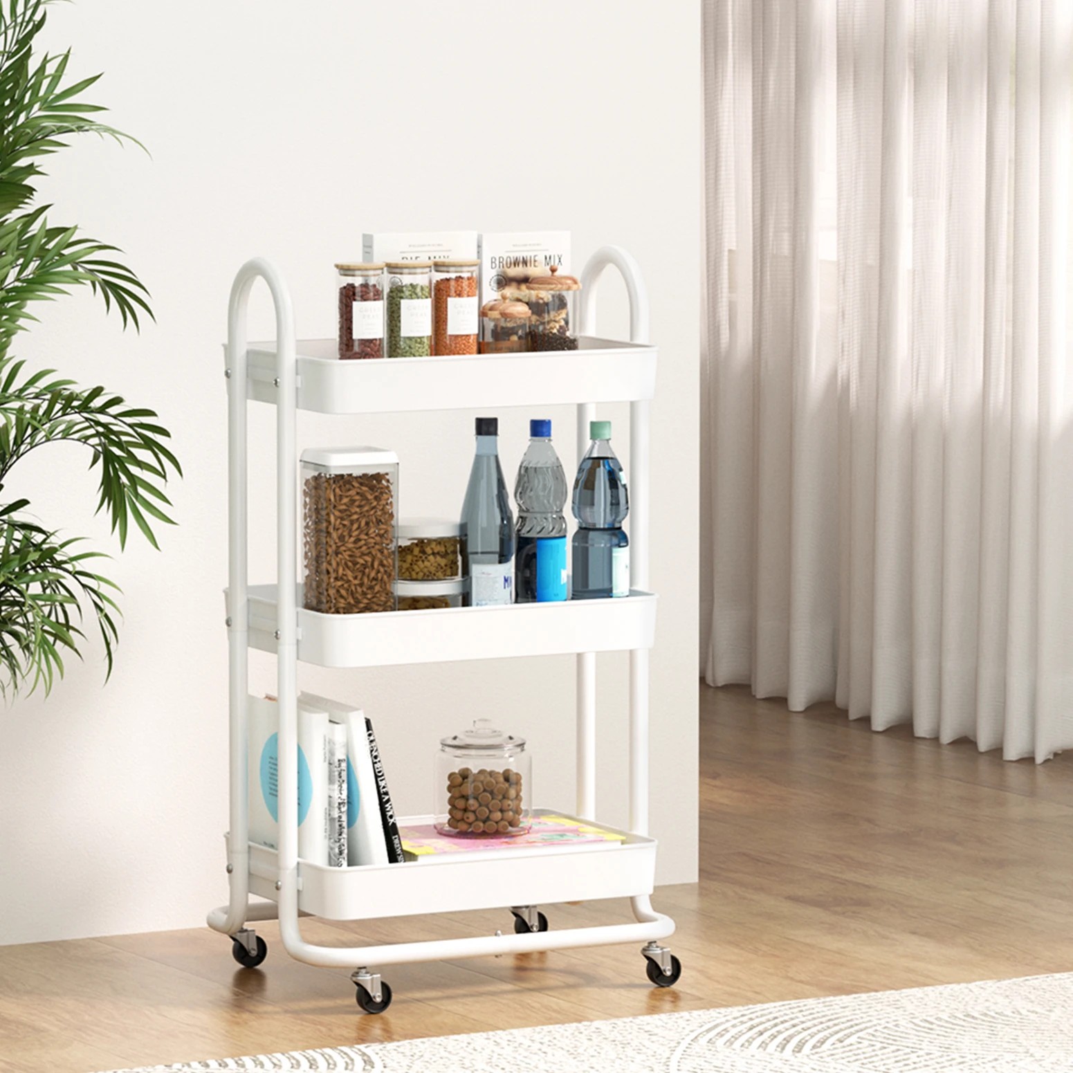 5 Artiss Storage Trolley Kitchen Cart 3 Tiers Rack Shelf Organiser Wheels - White, 5 of 6