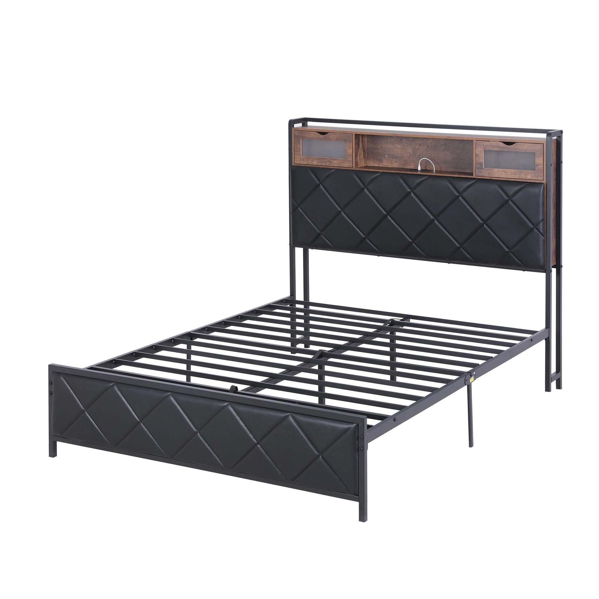 1 Artiss Double Bed Frame with LED Lights Storage Headboard 2 USB 2 AC Outlets Charging Station - Black, 1 of 10