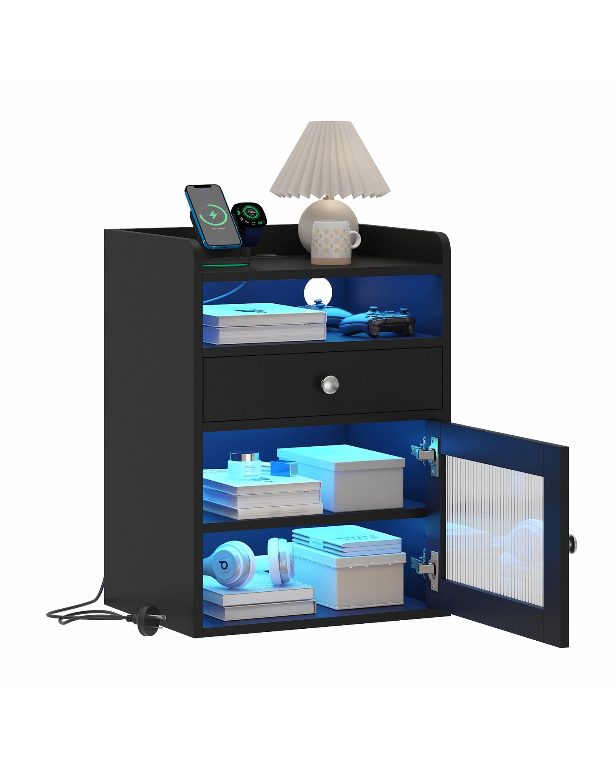 5 Advwin Bedside Table Acrylic Door With with Charging Station & LED Light - Black, 5 of 6