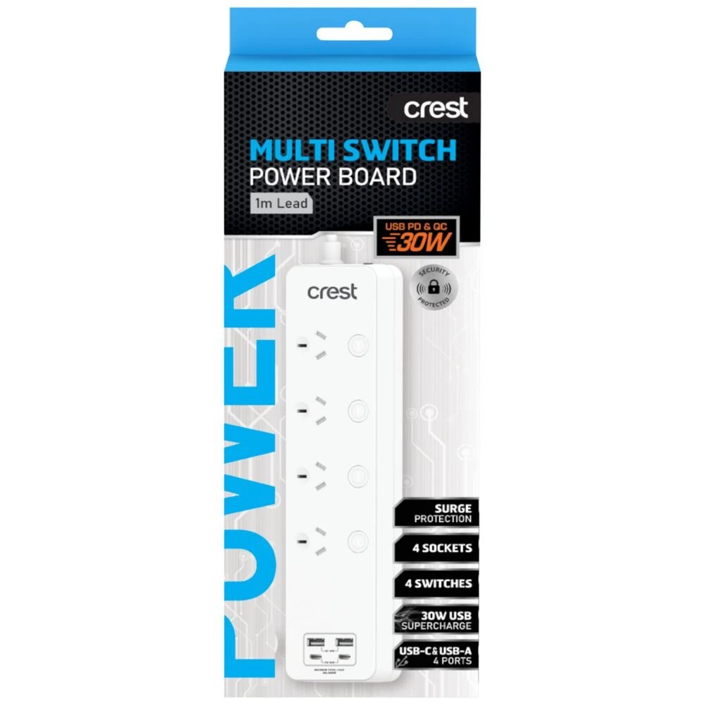 2 Crest 4 Socket Switched Surge Powerboard 4 USB 1M, 2 of 3