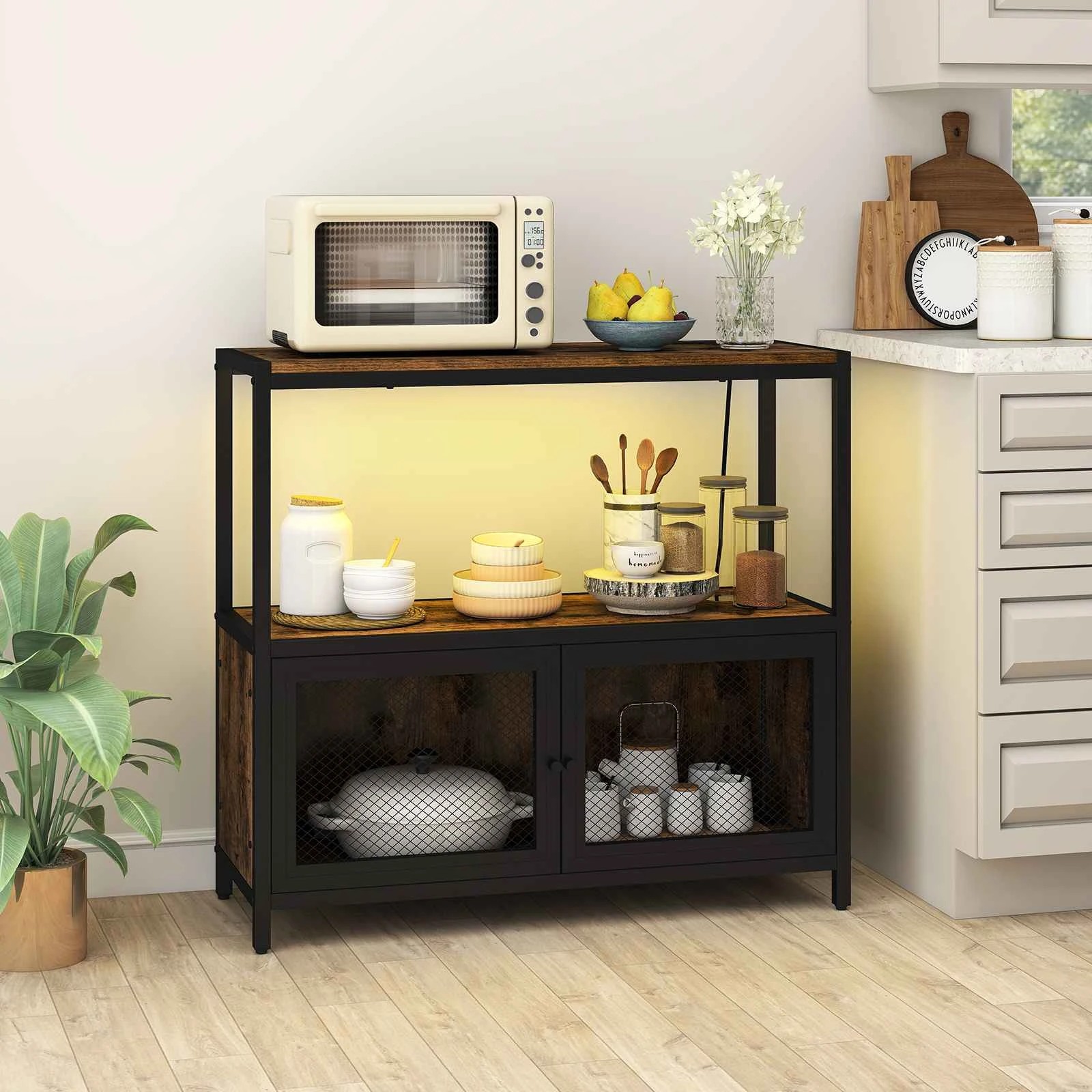 3 Costway Coffee Bar Cabinet LED Lights Industrial Buffet Sideboard - Brown, 3 of 4