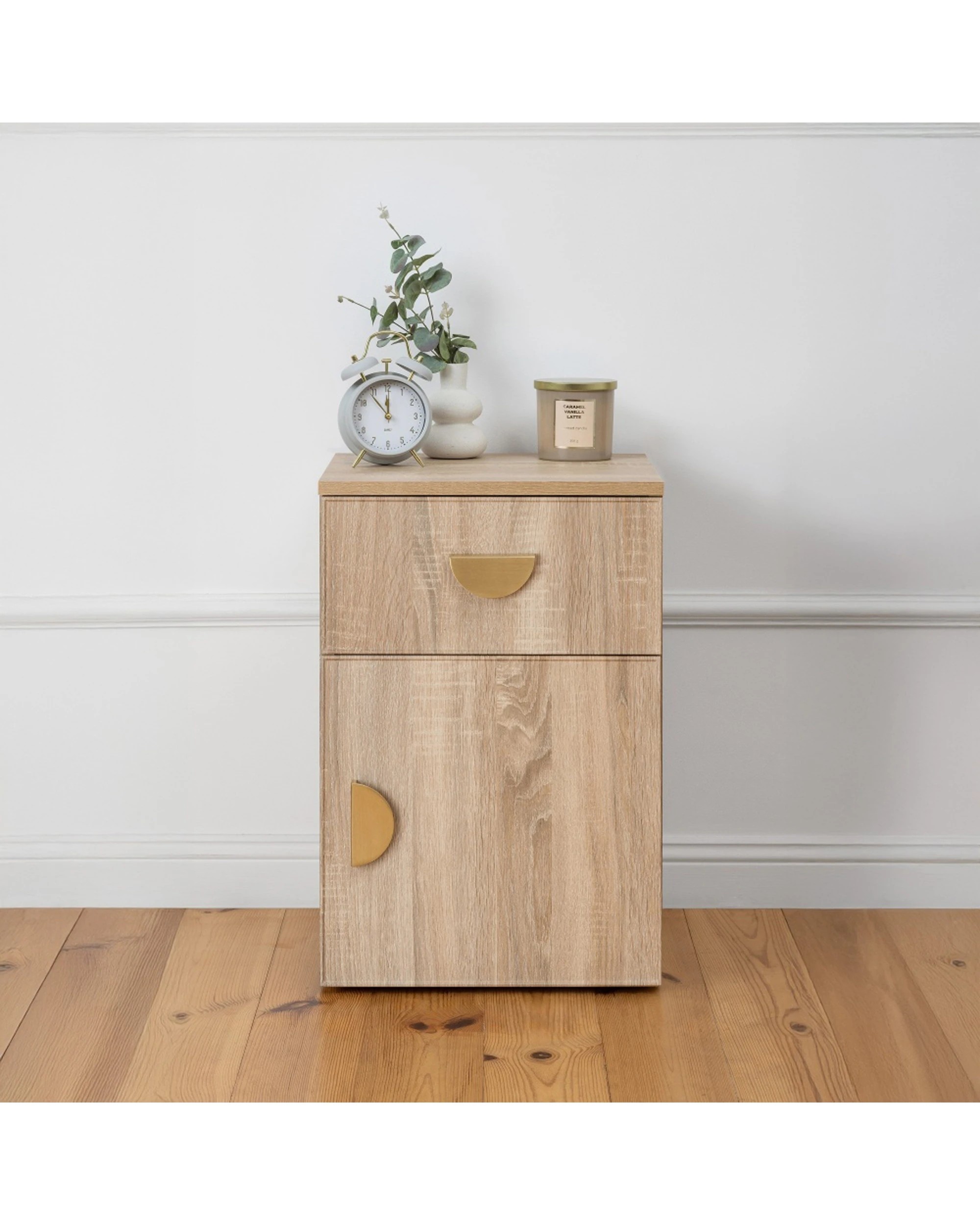 2 European Cabinetry Porto Oak Slim Bedside Table Brass Half Moon Handle - Natural, 2 of 4