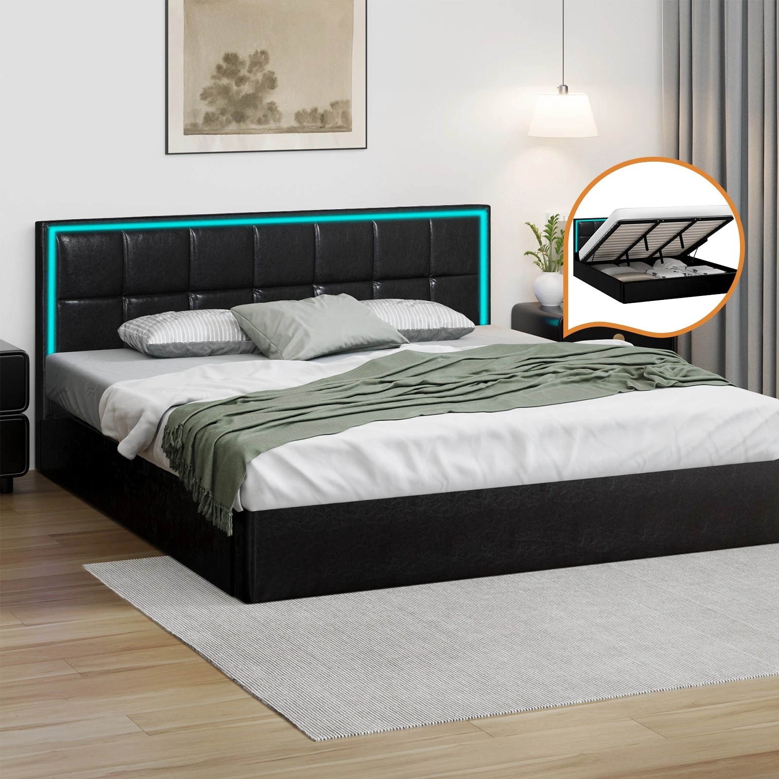 3 Oikiture Bed Frame King Size RGB LED Gas Lift Storage Base Leather - Black, 3 of 9