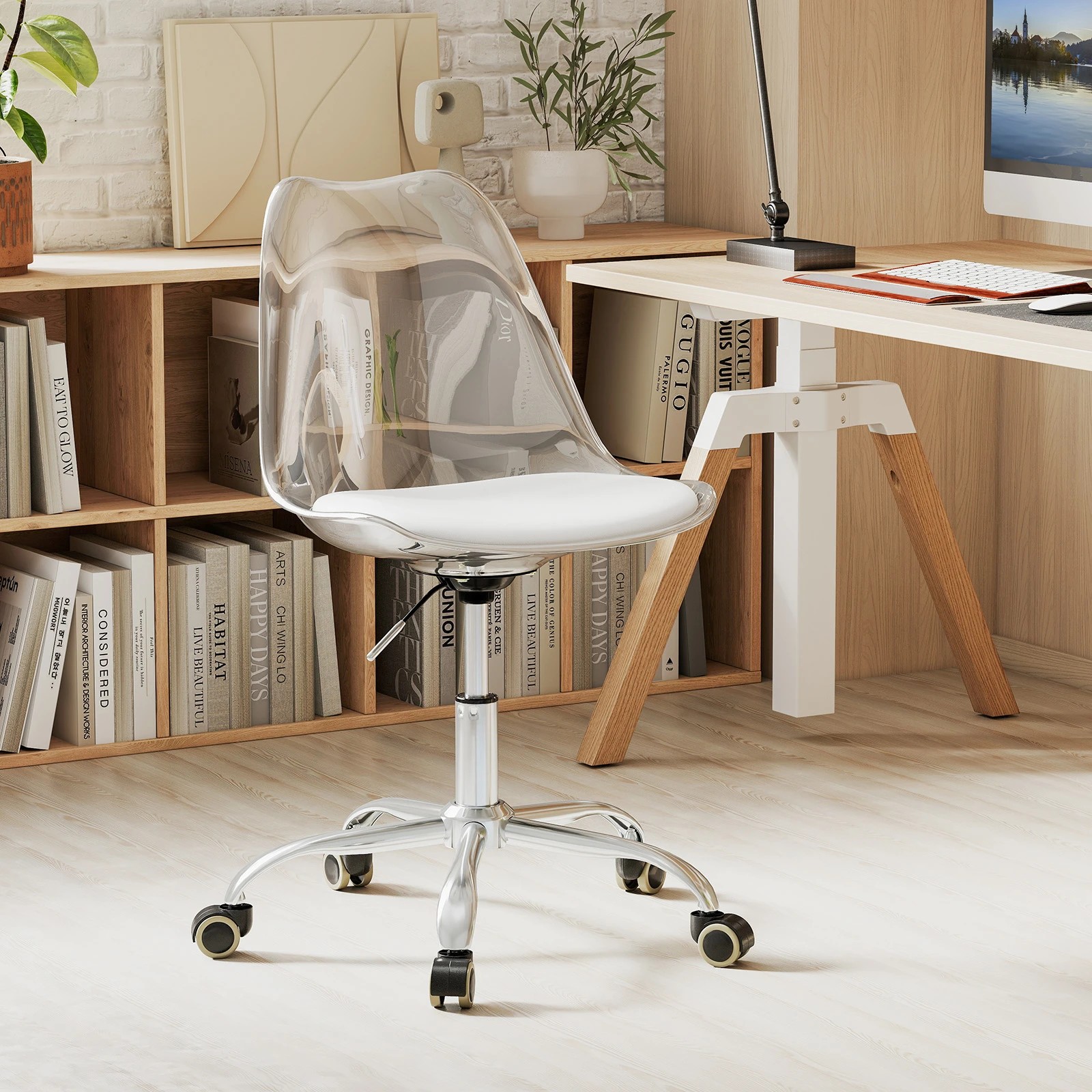 2 Costway Clear Desk Chair Mobile Home Office Chair Vanity Chair Adjustable Swivel Seat Stool, 2 of 4
