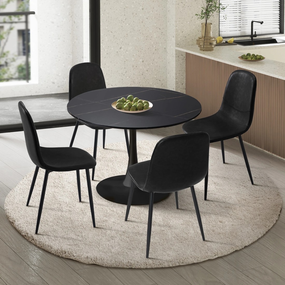 2 Oikiture 90cm Round Dining Table With 4x Dining Chairs Pu Leather
 - Black, 2 of 10