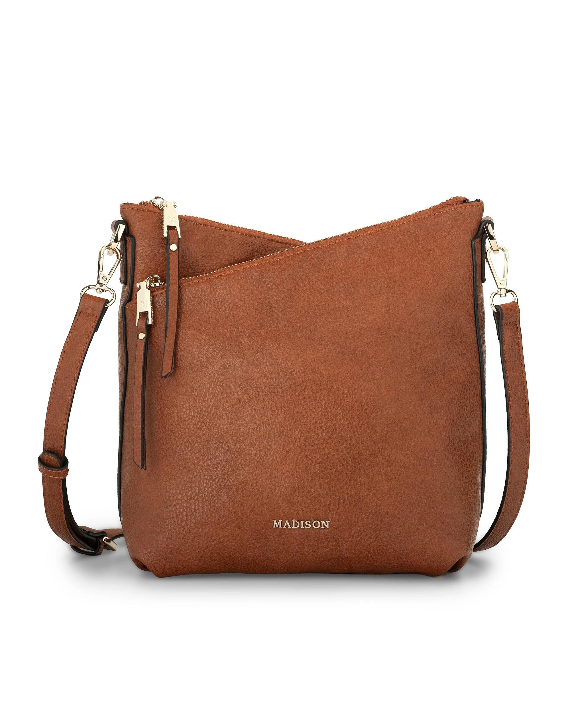 1 Madison Accessories Maya Medium Double Zip Sling Crossbody Bag DK TAN LT GOLD, 1 of 9
