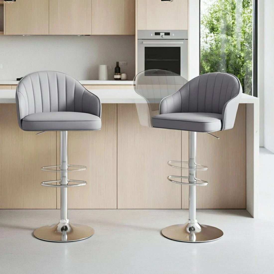 4 Artiss 2x Bar Stools Kitchen Swivel Gas Lift Counter Chair Shell Leather - Grey, 4 of 6
