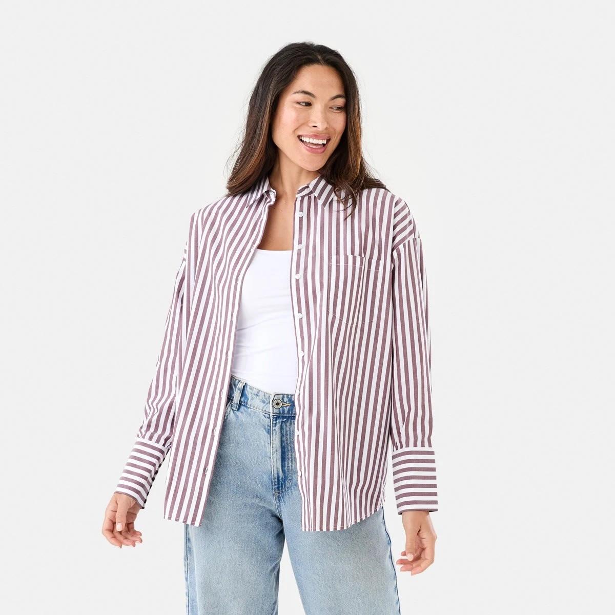 1 Long Sleeve Oversized Cotton Shirt Deep Strpe, 1 of 8