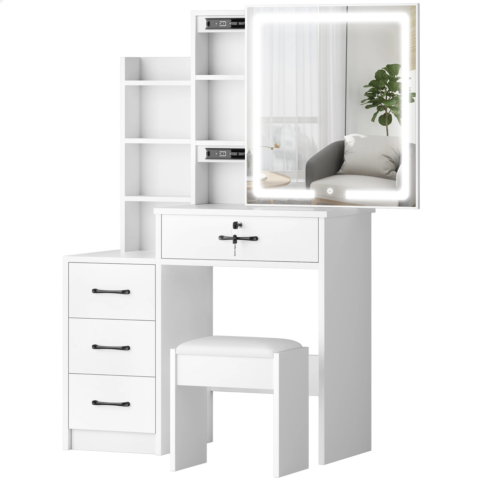1 Alfordson Dressing Table Stool Set Makeup Mirror Vanity Desk Drawers - White, 1 of 10