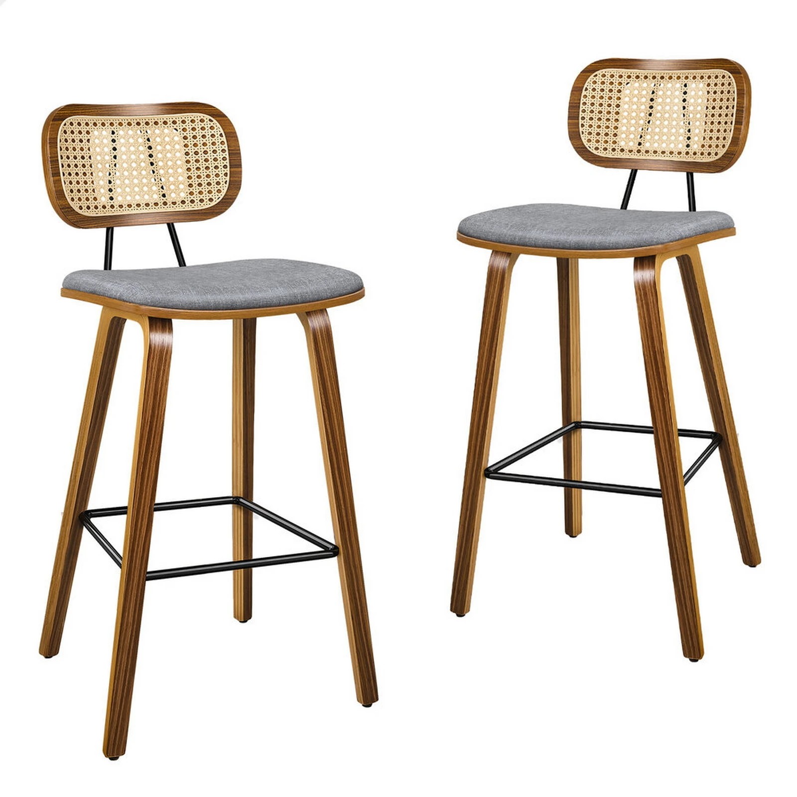 1 Alfordson 2x Bar Stools Kitchen Vintage Fabric Seat Rattan Chair Wooden - Grey, 1 of 8