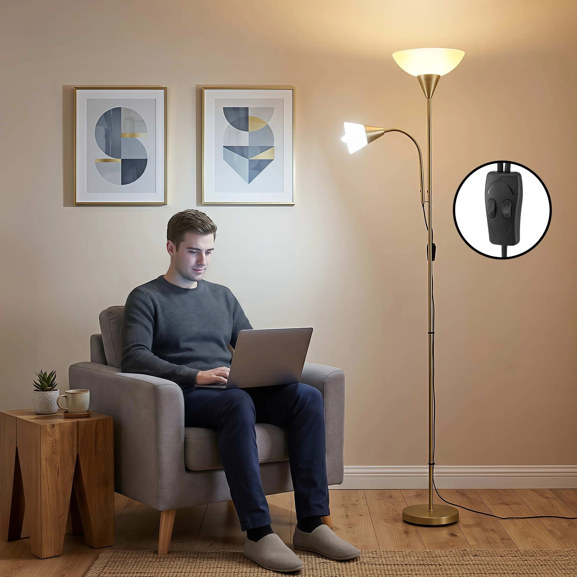 6 Artiss Gold Floor Lamp with Reading Light Mother and Child Standing Lamp Home Living Room Office - Gold, 6 of 8