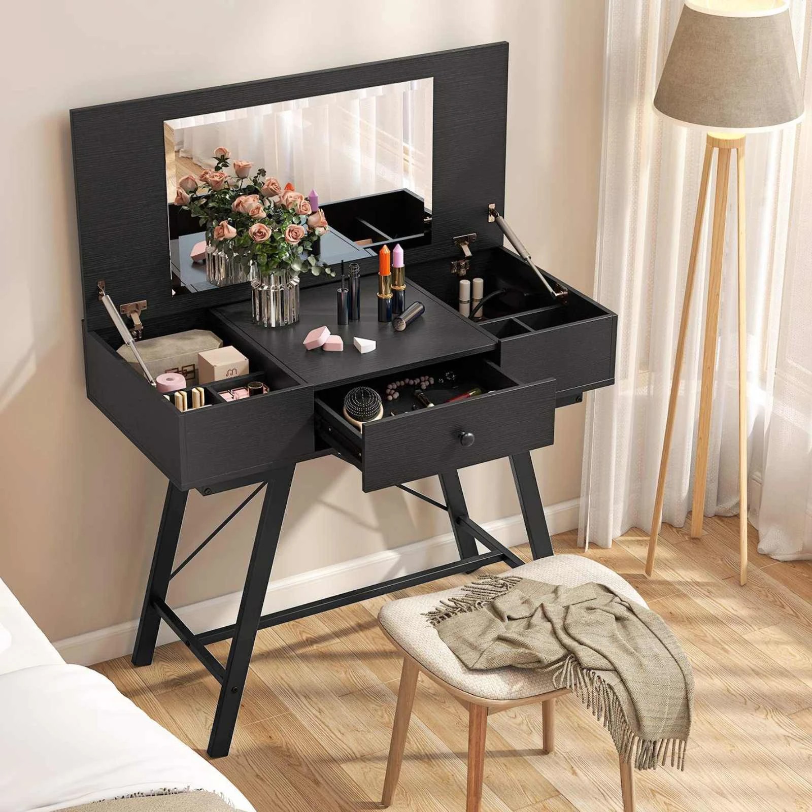 2 Costway 2-in-1 Vanity Desk Flip Top Dressing Table w/Mirror & Charging Station, 2 of 3